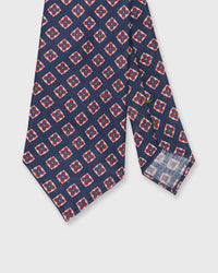 Linen Print Tie in Air Force/Salmon Medallion
