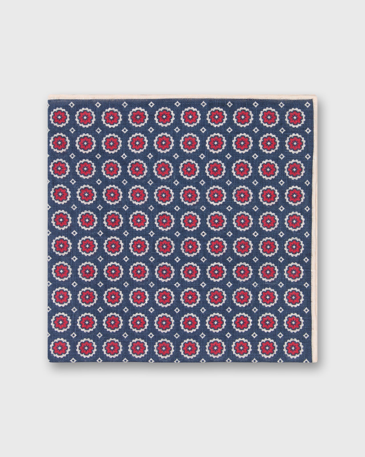 Linen Print Pocket Square in Navy/Red/Cream Foulard