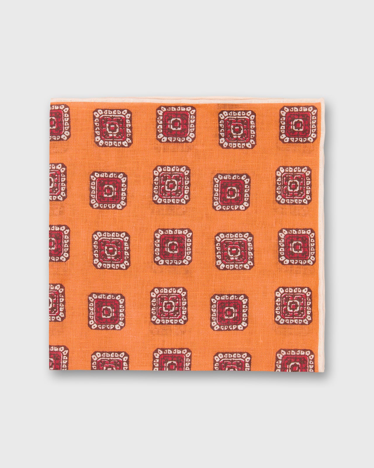 Linen Print Pocket Square in Orange/Red Medallion