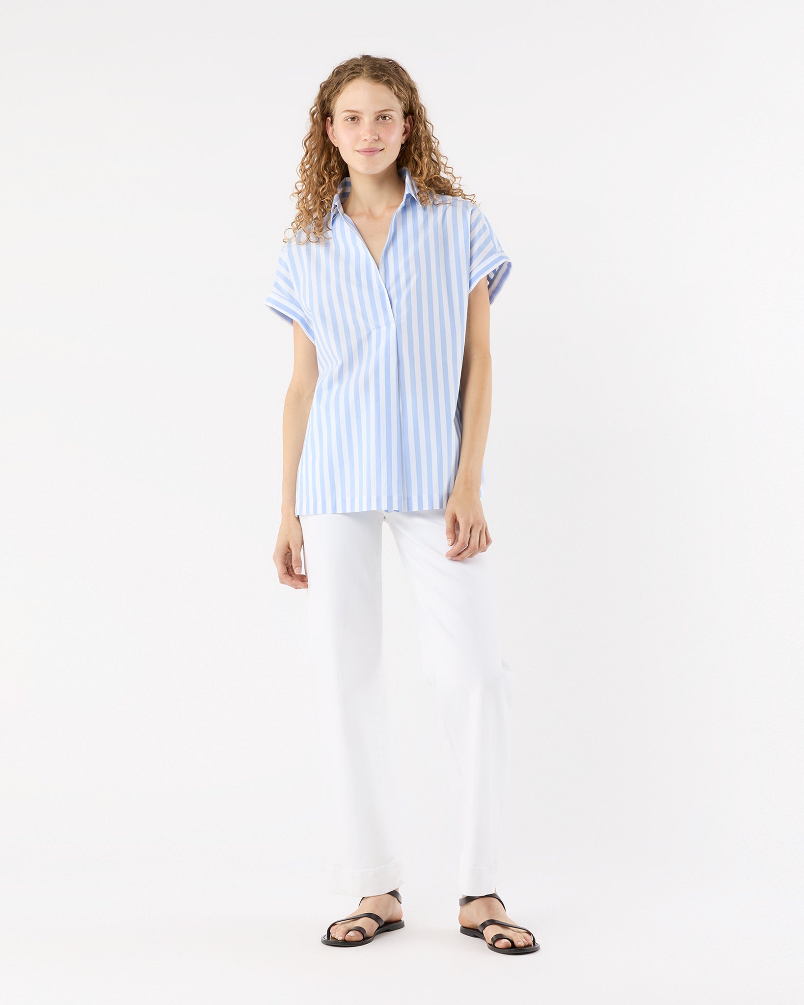 Popover Short-Sleeved Shirt in Light Blue Stripe
