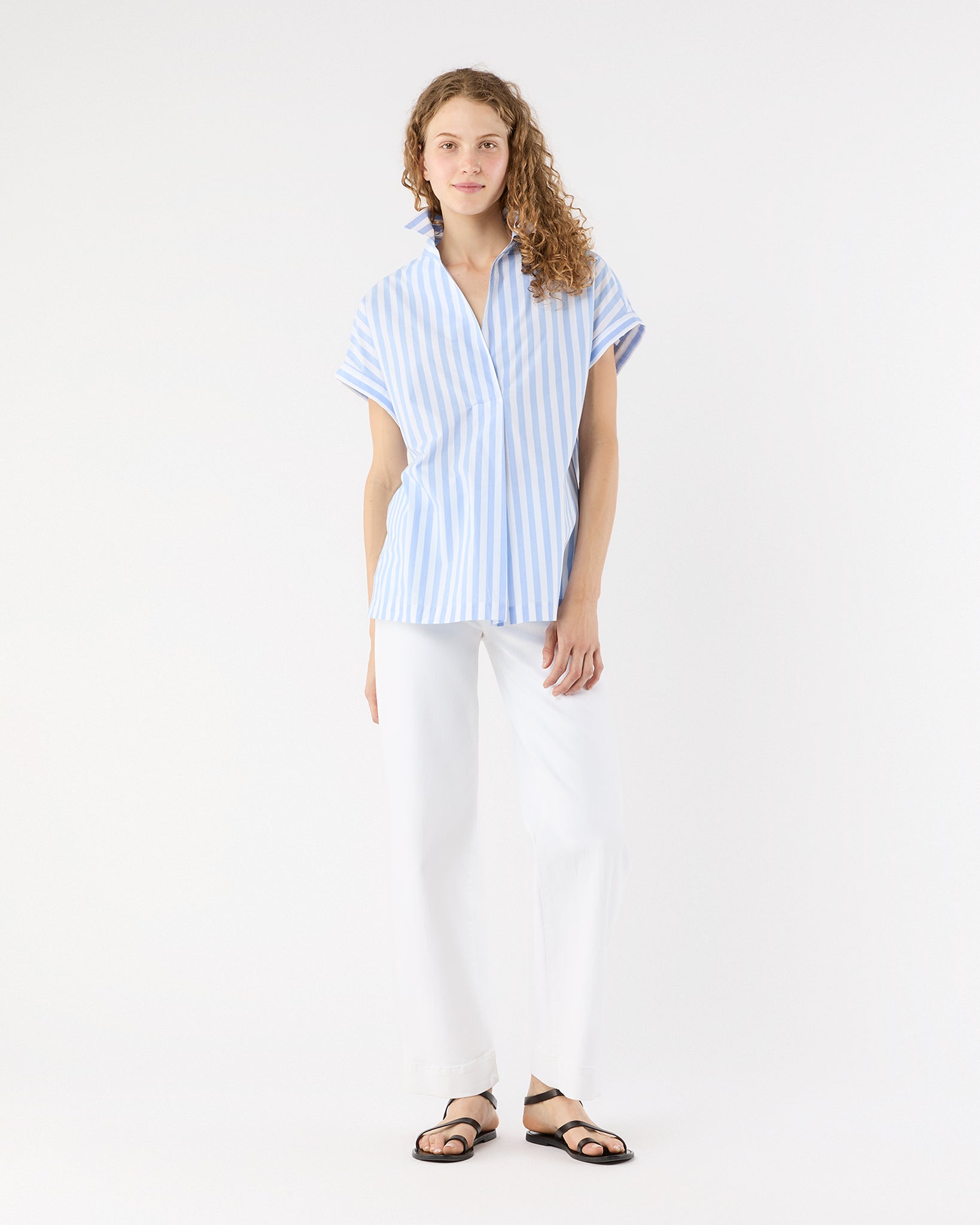 Popover Short-Sleeved Shirt in Light Blue Stripe