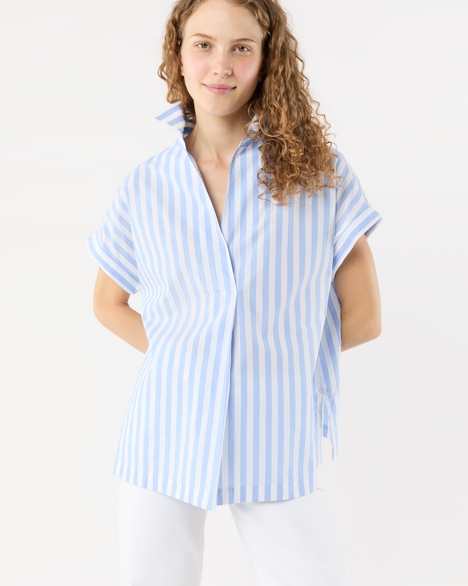 Popover Short-Sleeved Shirt in Light Blue Stripe
