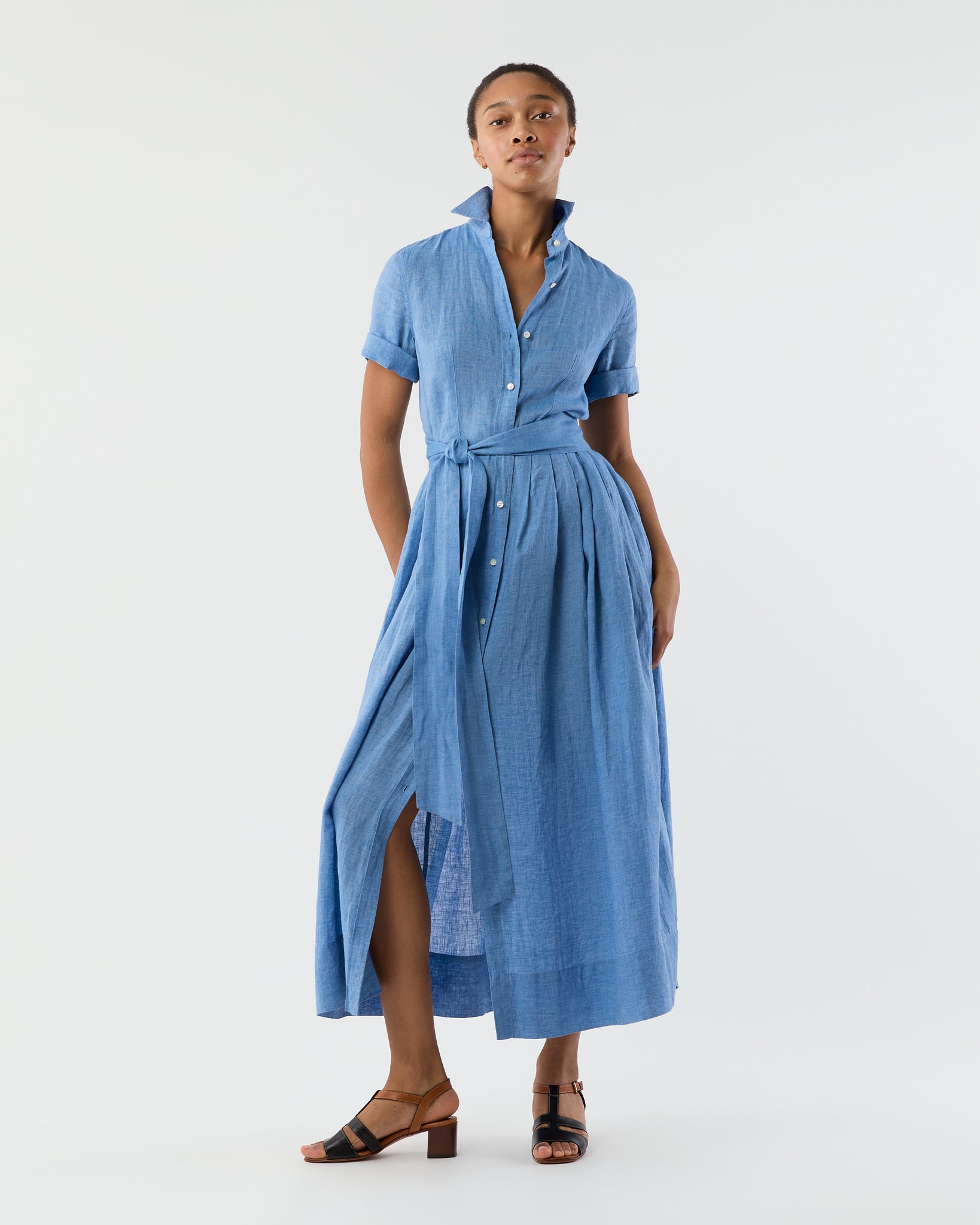 Short-Sleeved Classic Shirtwaist Maxi Dress in Atlantic Blue Sahara Linen - XS by Ann Mashburn Short-Sleeved Classic Shirtwaist Maxi Dress in Atlantic Blue Sahara Linen - XS by Ann Mashburn