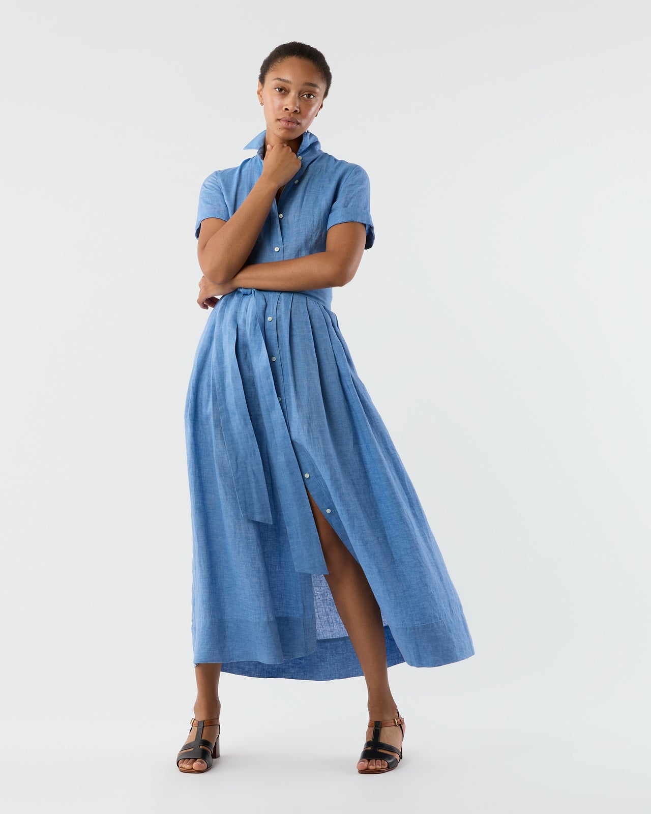 Short-Sleeved Classic Shirtwaist Maxi Dress in Atlantic Blue Sahara Linen - XS by Ann Mashburn Short-Sleeved Classic Shirtwaist Maxi Dress in Atlantic Blue Sahara Linen - XS by Ann Mashburn