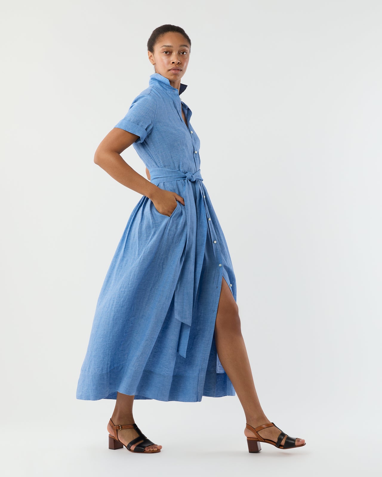 Short-Sleeved Classic Shirtwaist Maxi Dress in Atlantic Blue Sahara Linen