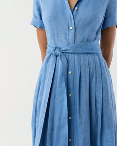 Short-Sleeved Classic Shirtwaist Maxi Dress in Atlantic Blue Sahara Linen