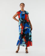 Load image into Gallery viewer, Scarlett Dress in Blue/Red Large Floral Printed Linen
