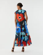 Load image into Gallery viewer, Scarlett Dress in Blue/Red Large Floral Printed Linen
