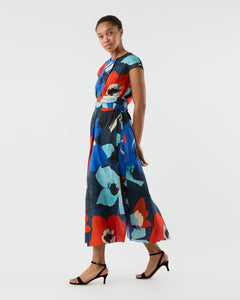 Scarlett Dress in Blue/Red Large Floral Printed Linen