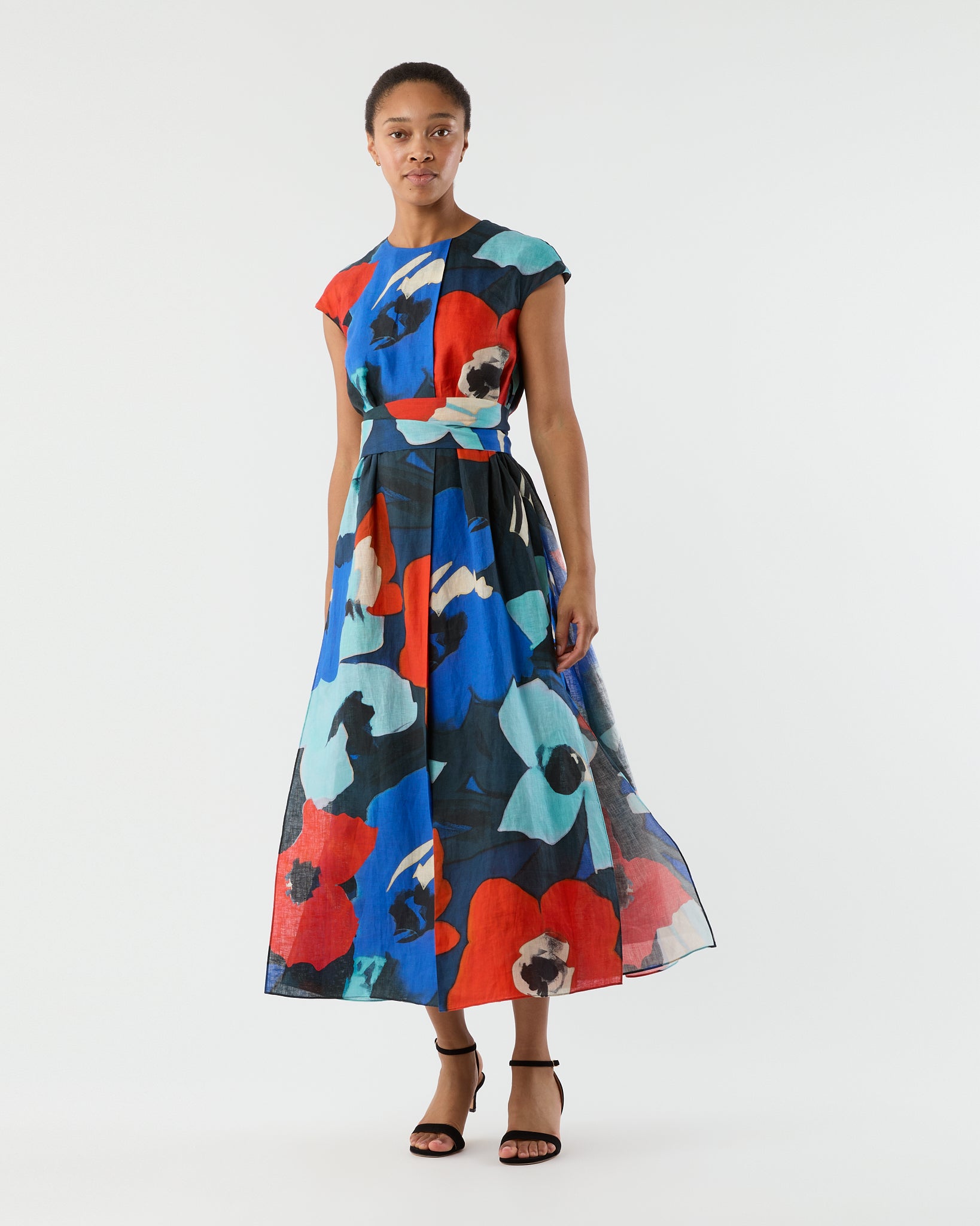 Scarlett Dress in Blue/Red Large Floral Printed Linen