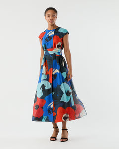 Scarlett Dress in Blue/Red Large Floral Printed Linen