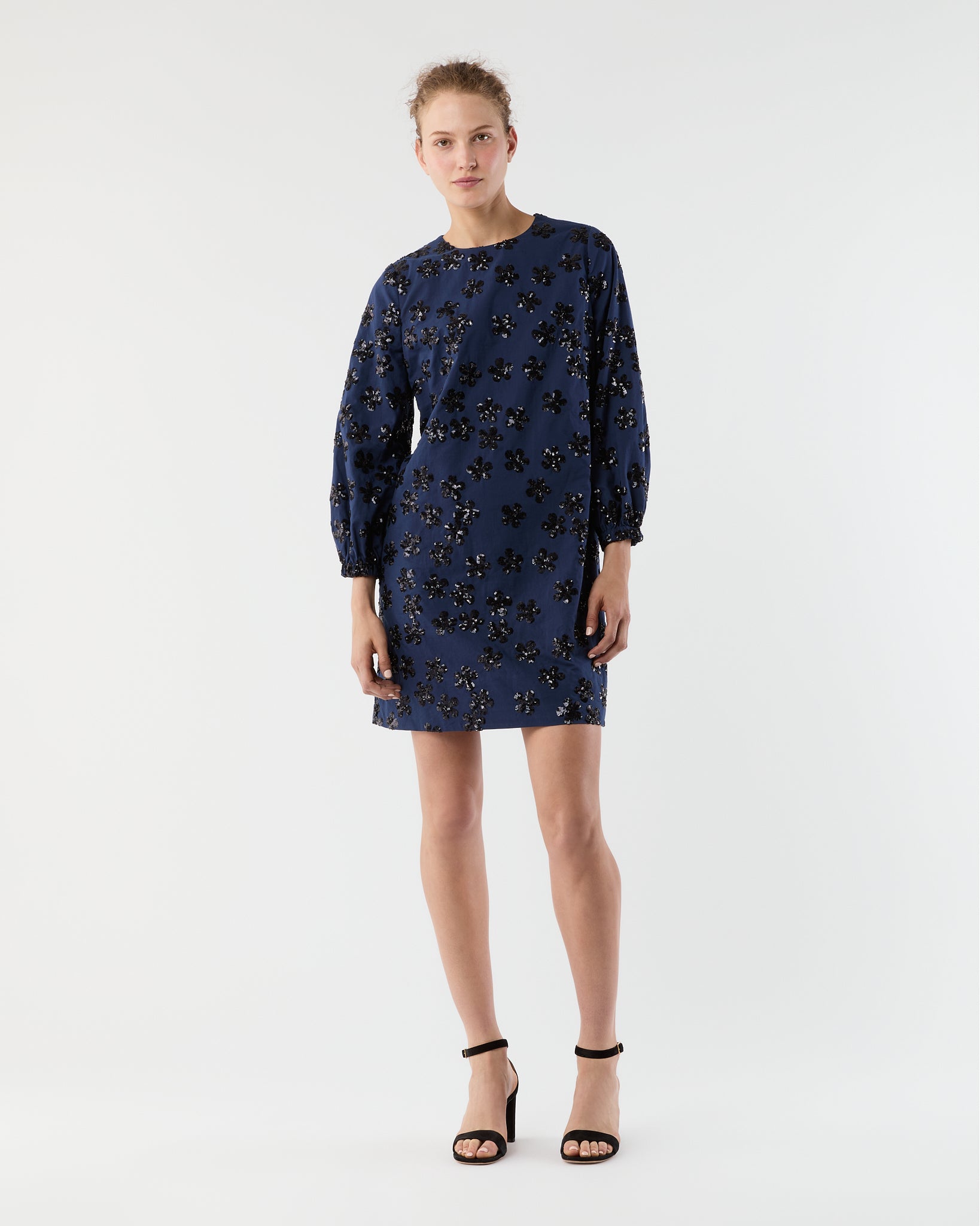 Francine Dress in Navy Floral Sequin Embroidered Poplin