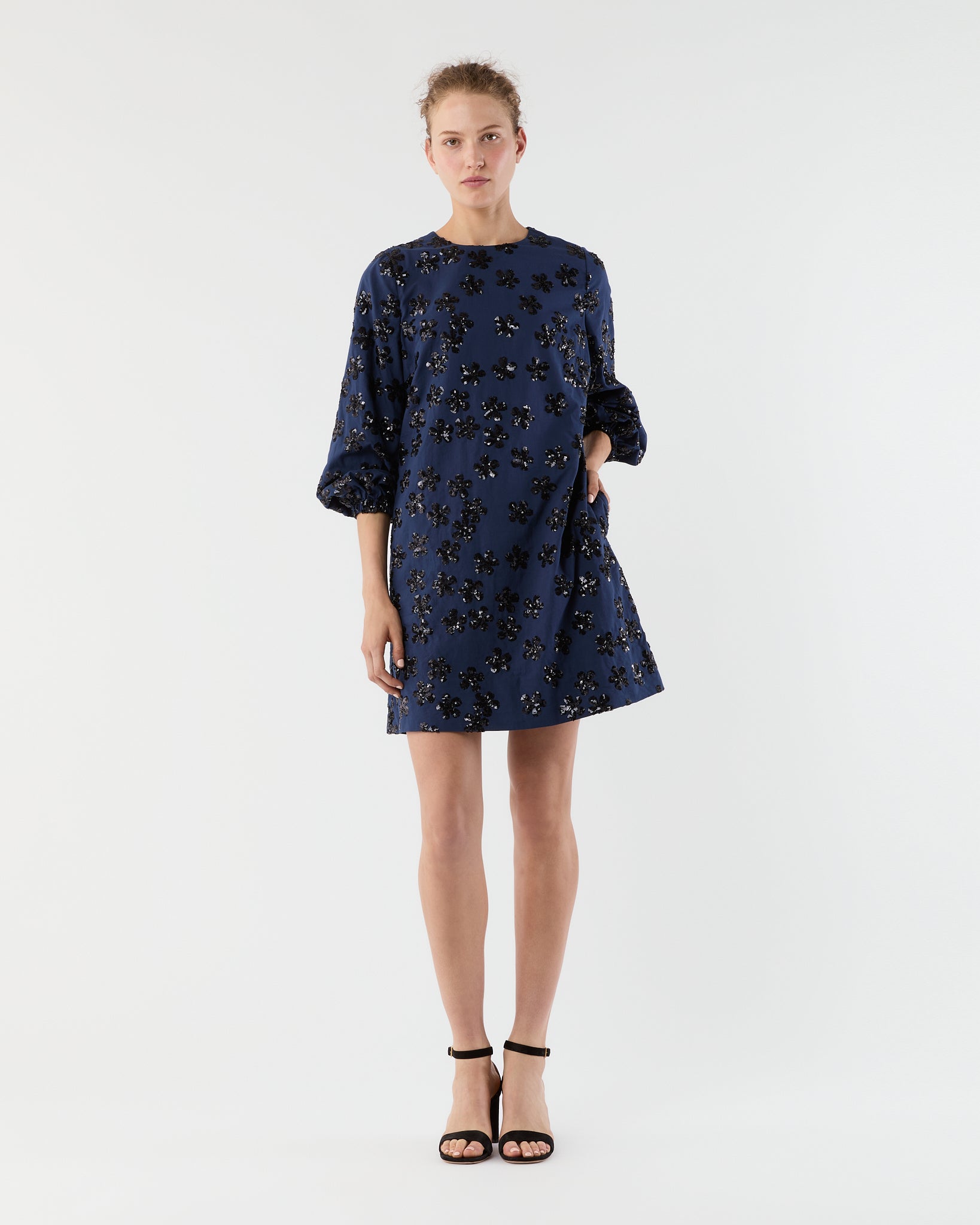 Francine Dress in Navy Floral Sequin Embroidered Poplin