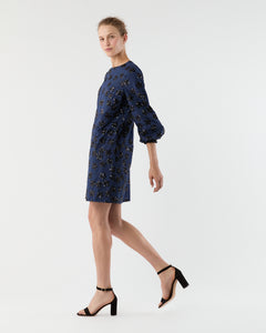 Francine Dress in Navy Floral Sequin Embroidered Poplin