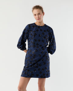 Francine Dress in Navy Floral Sequin Embroidered Poplin