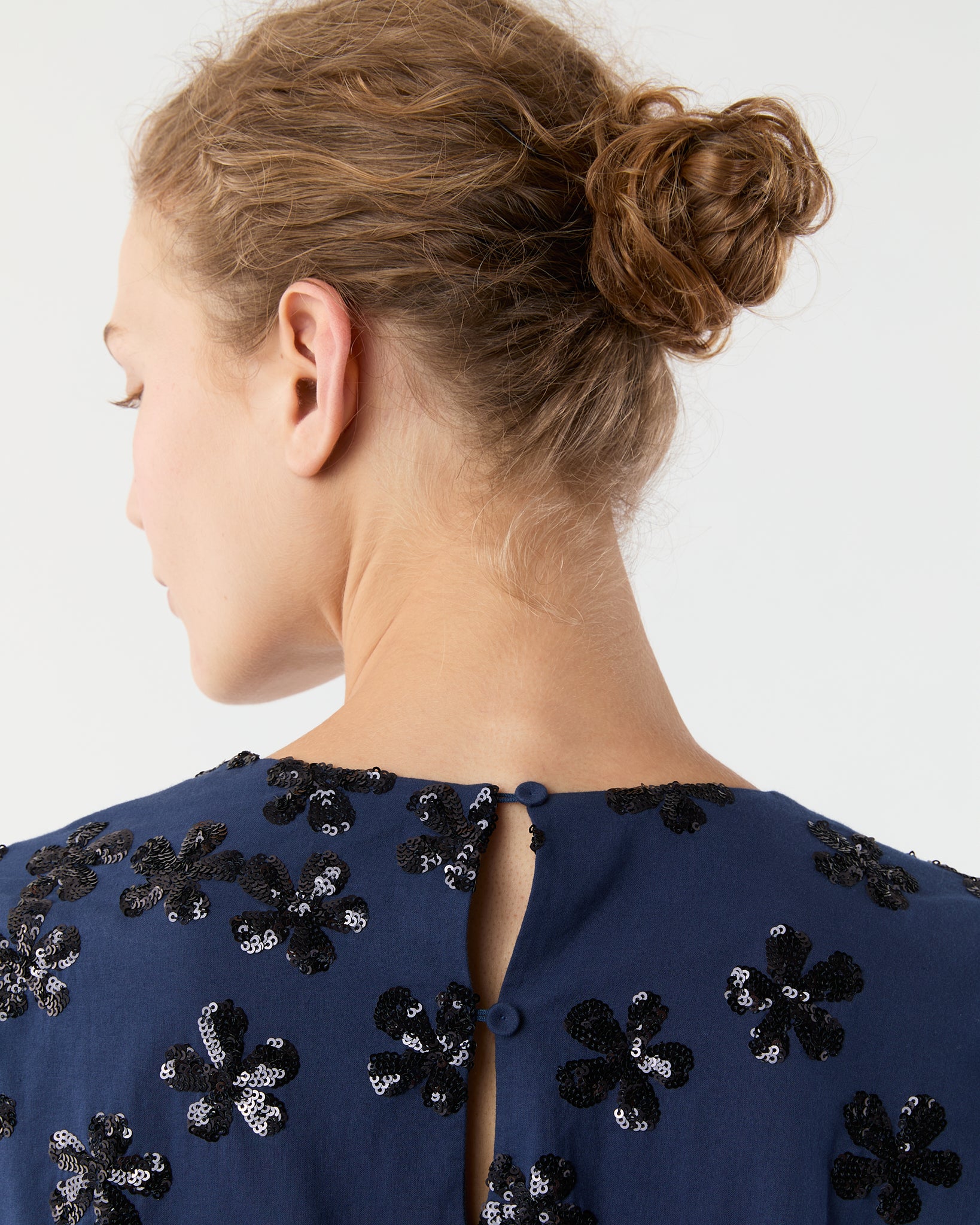 Francine Dress in Navy Floral Sequin Embroidered Poplin
