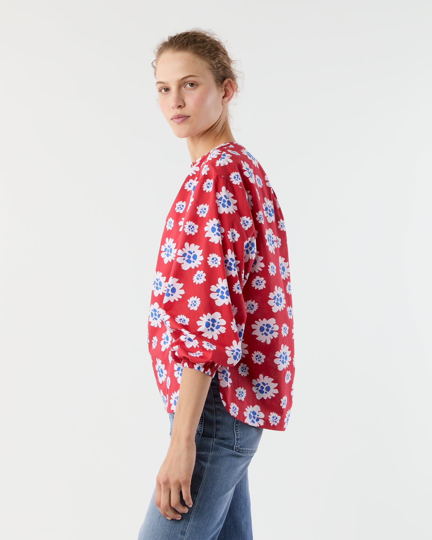 Alma Blouse in Red/Blue Floral Printed Poplin