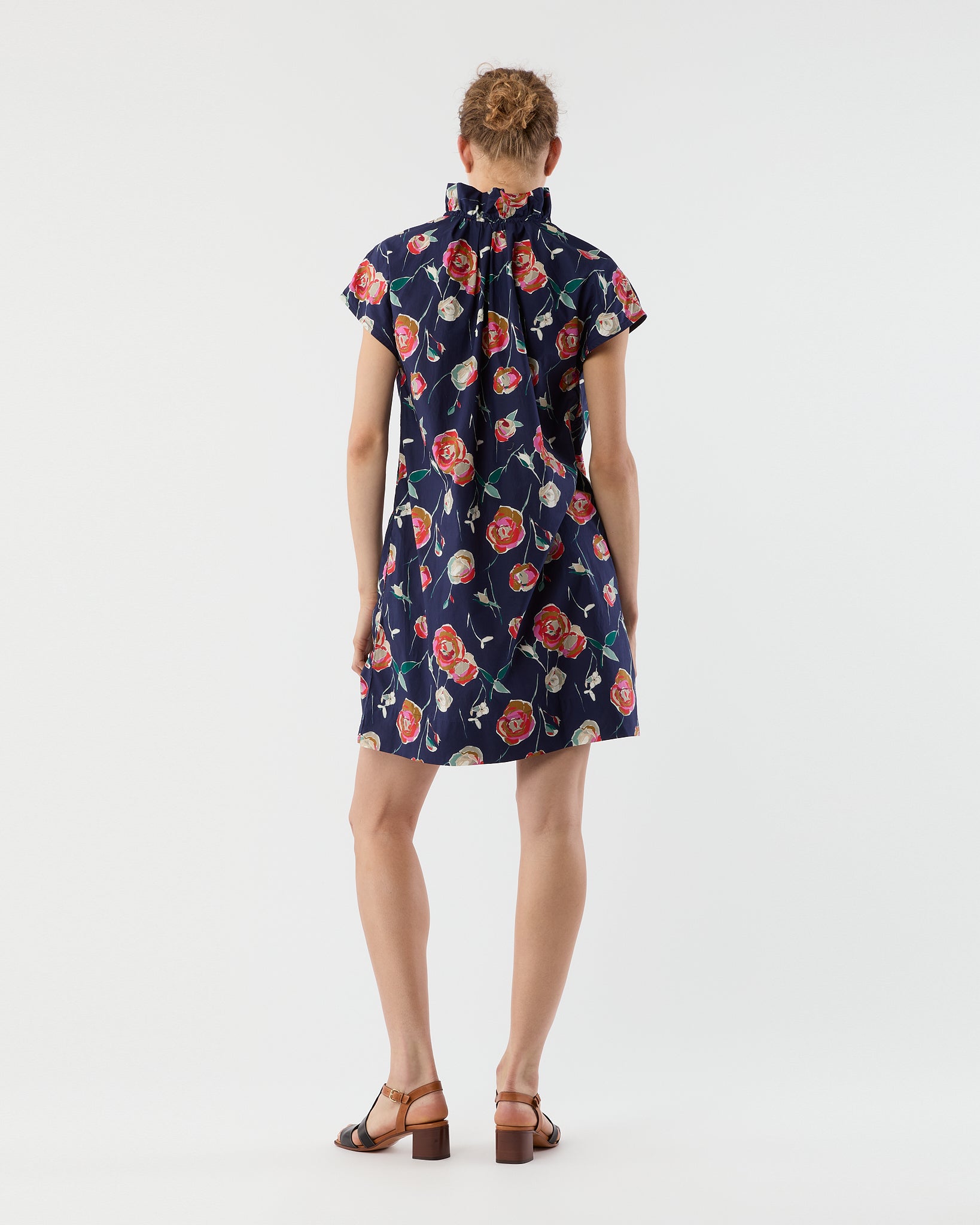 Atelier Two-Way Ruffle Dress in Navy/Multi Poppy Printed Poplin