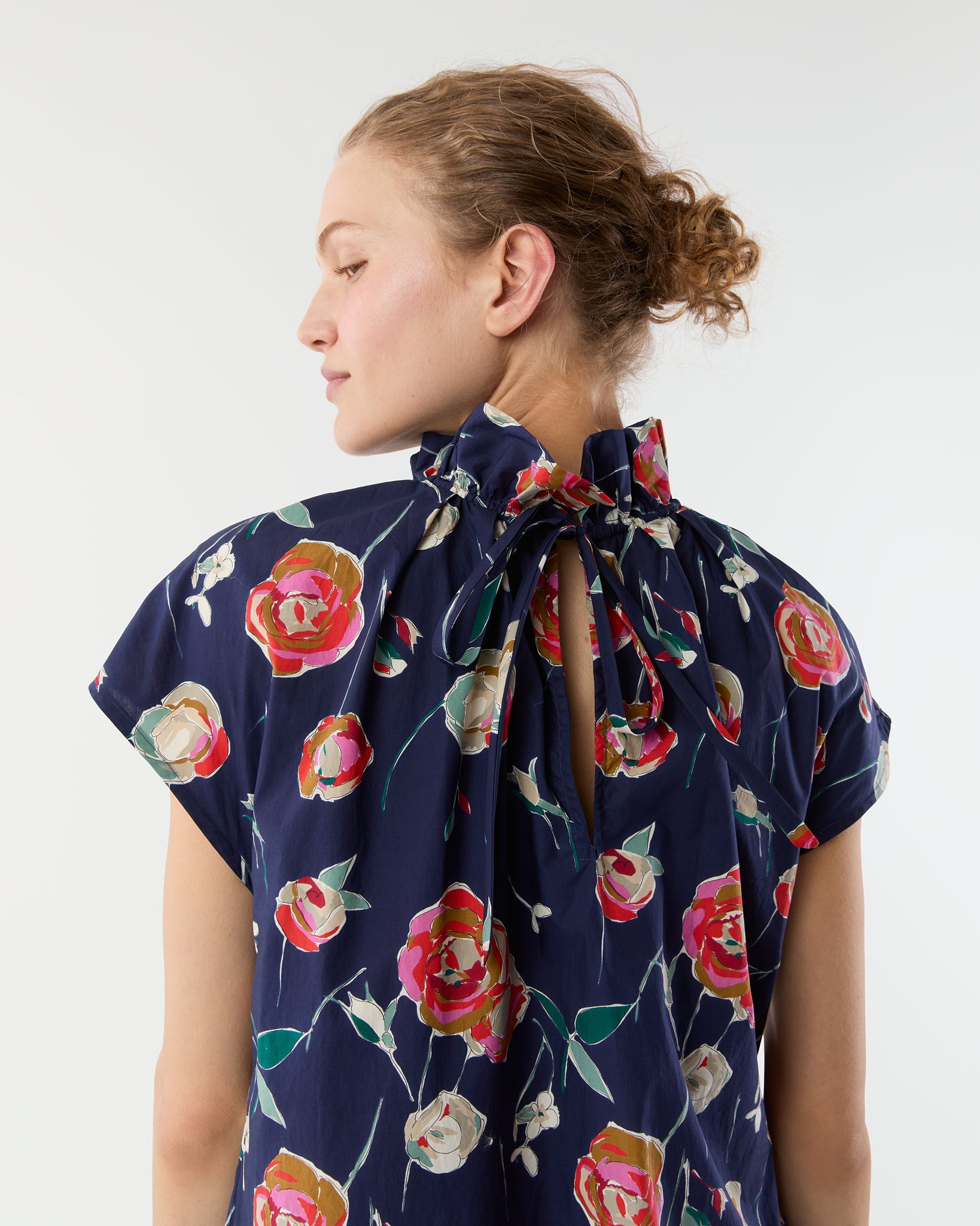 Atelier Two-Way Ruffle Dress in Navy/Multi Poppy Printed Poplin