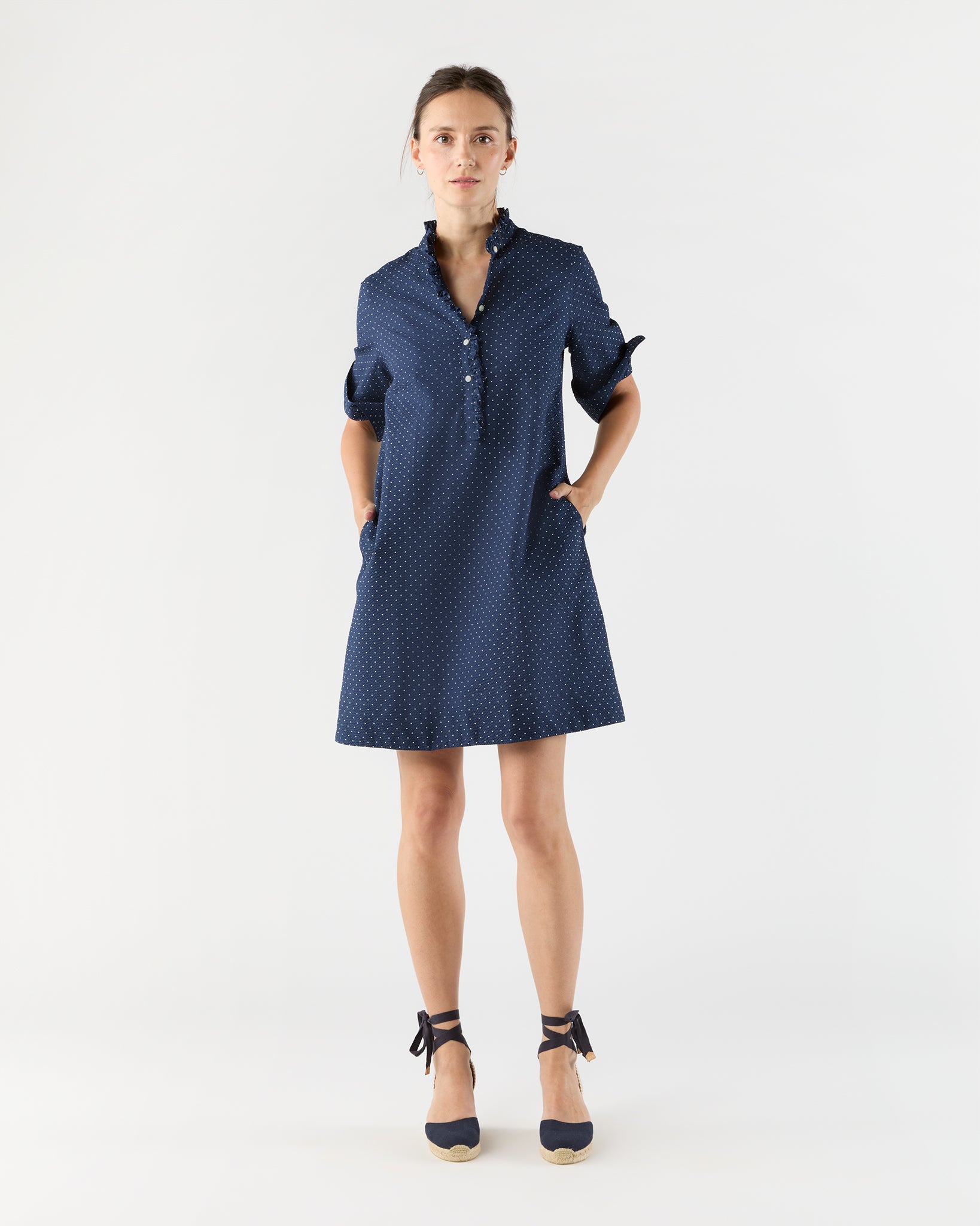 Elbow-Sleeve Frill Dress in Navy Polka Dot Seersucker | Ann Mashburn Elbow-Sleeve Frill Dress in Navy Polka Dot Seersucker | Ann Mashburn
