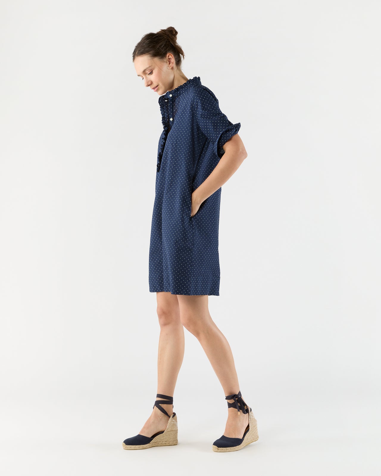 Elbow-Sleeve Frill Dress in Navy Polka Dot Seersucker