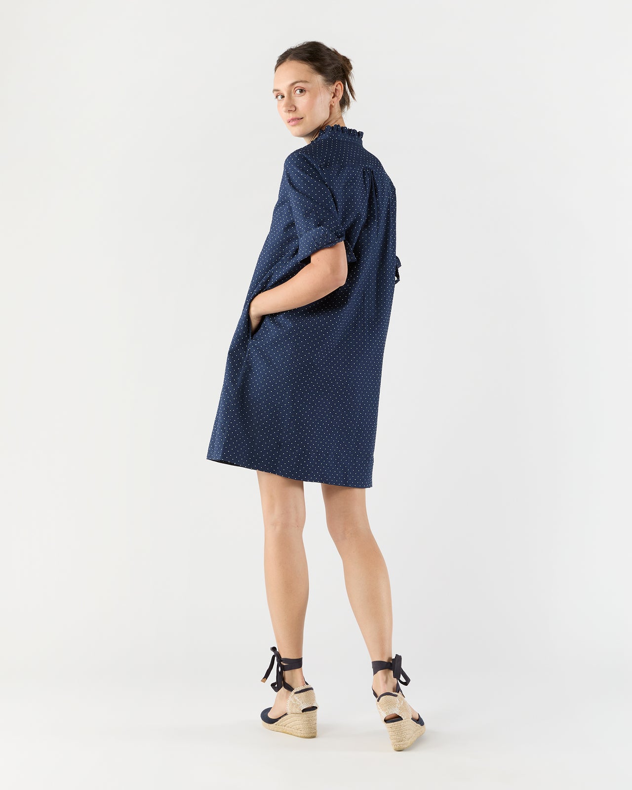 Elbow-Sleeve Frill Dress in Navy Polka Dot Seersucker