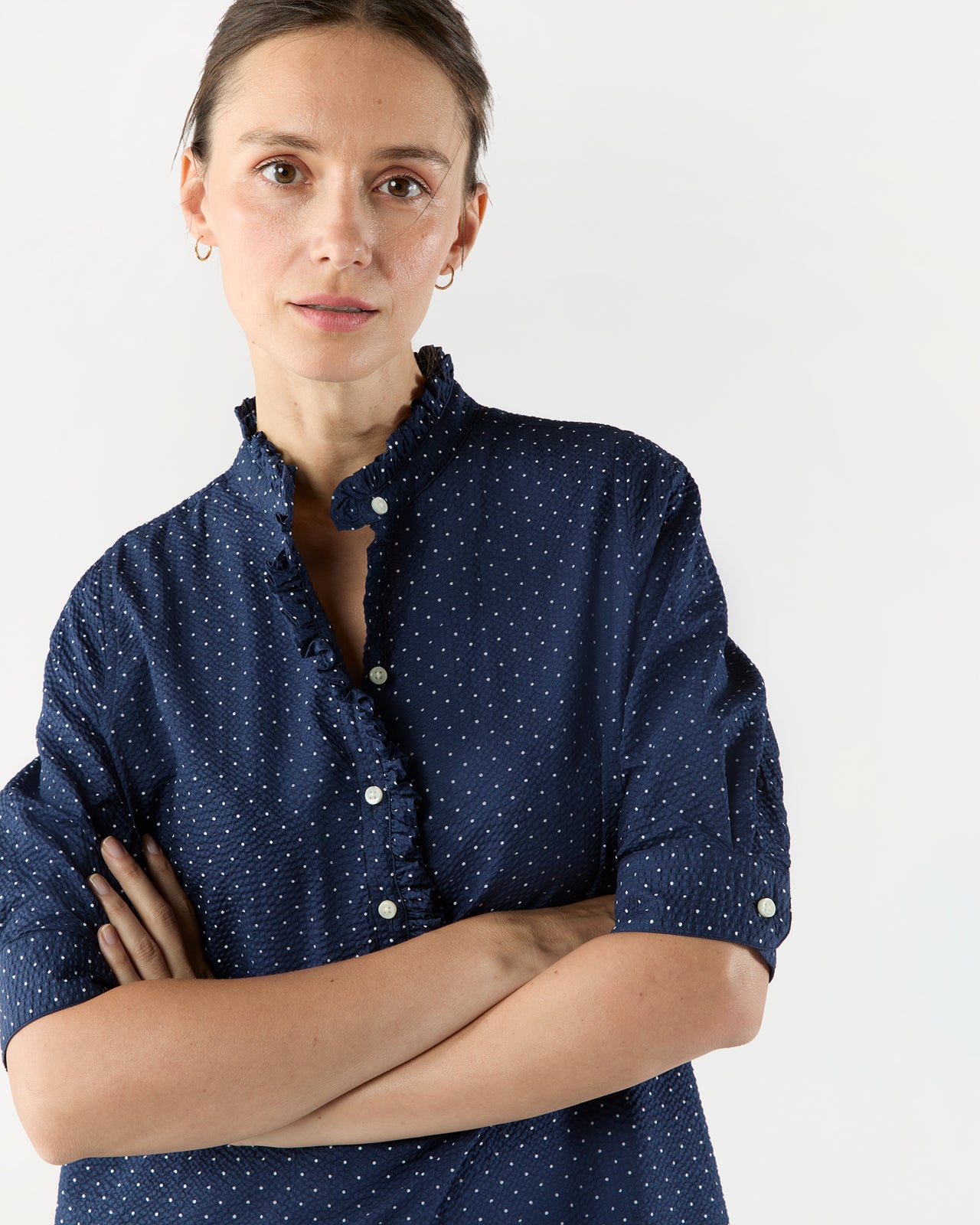Elbow-Sleeve Frill Dress in Navy Polka Dot Seersucker