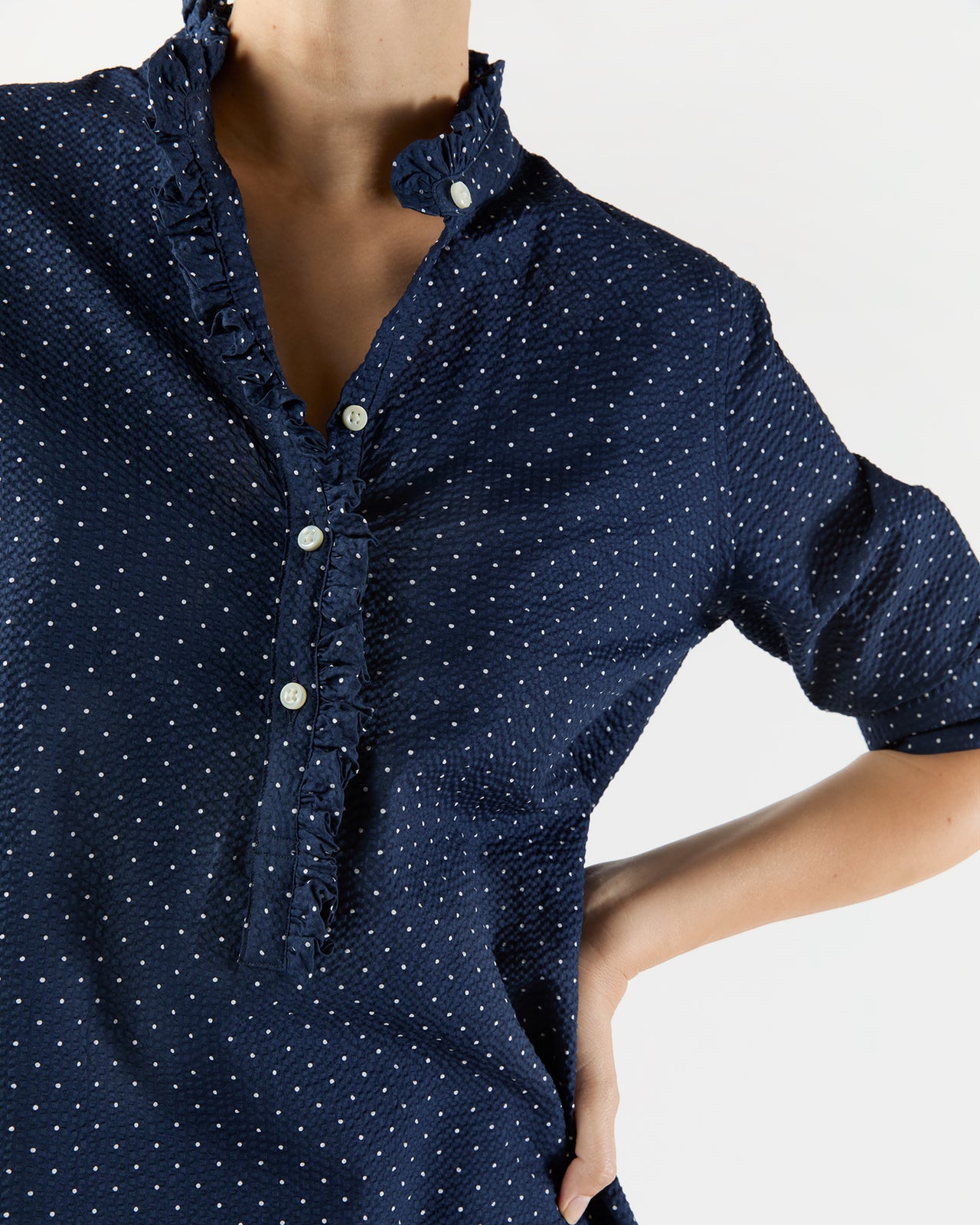 Elbow-Sleeve Frill Dress in Navy Polka Dot Seersucker