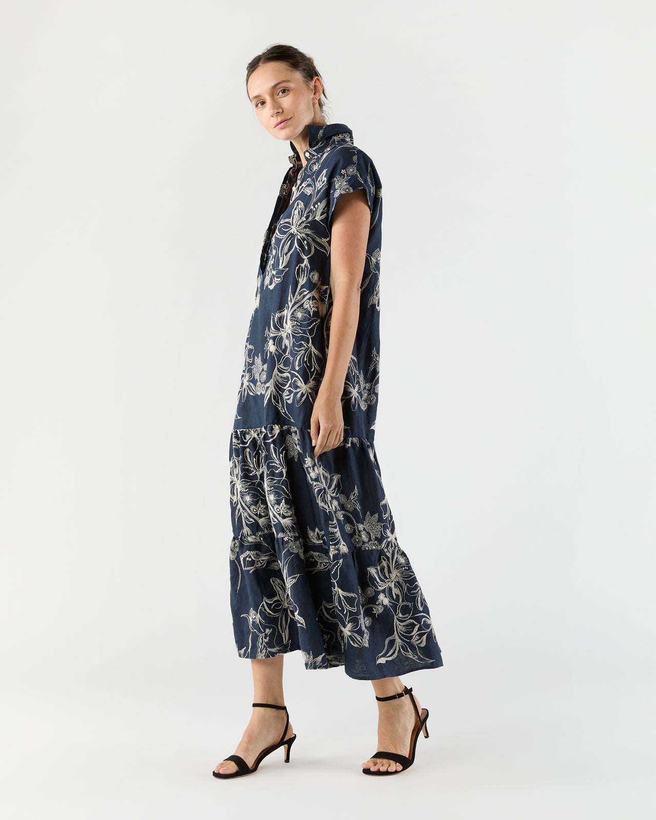 Sophia Popover Dress in Navy/Natural Embroidered Floral Linen