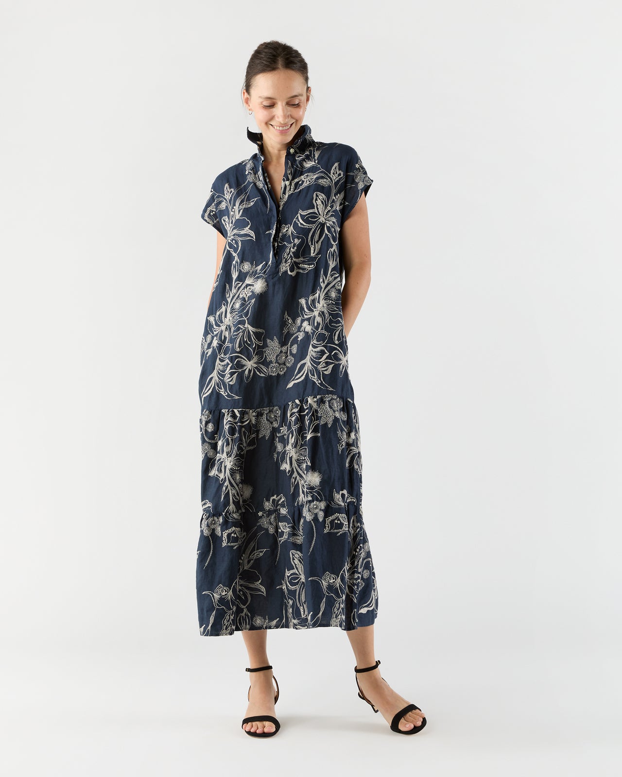 Sophia Popover Dress in Navy/Natural Embroidered Floral Linen