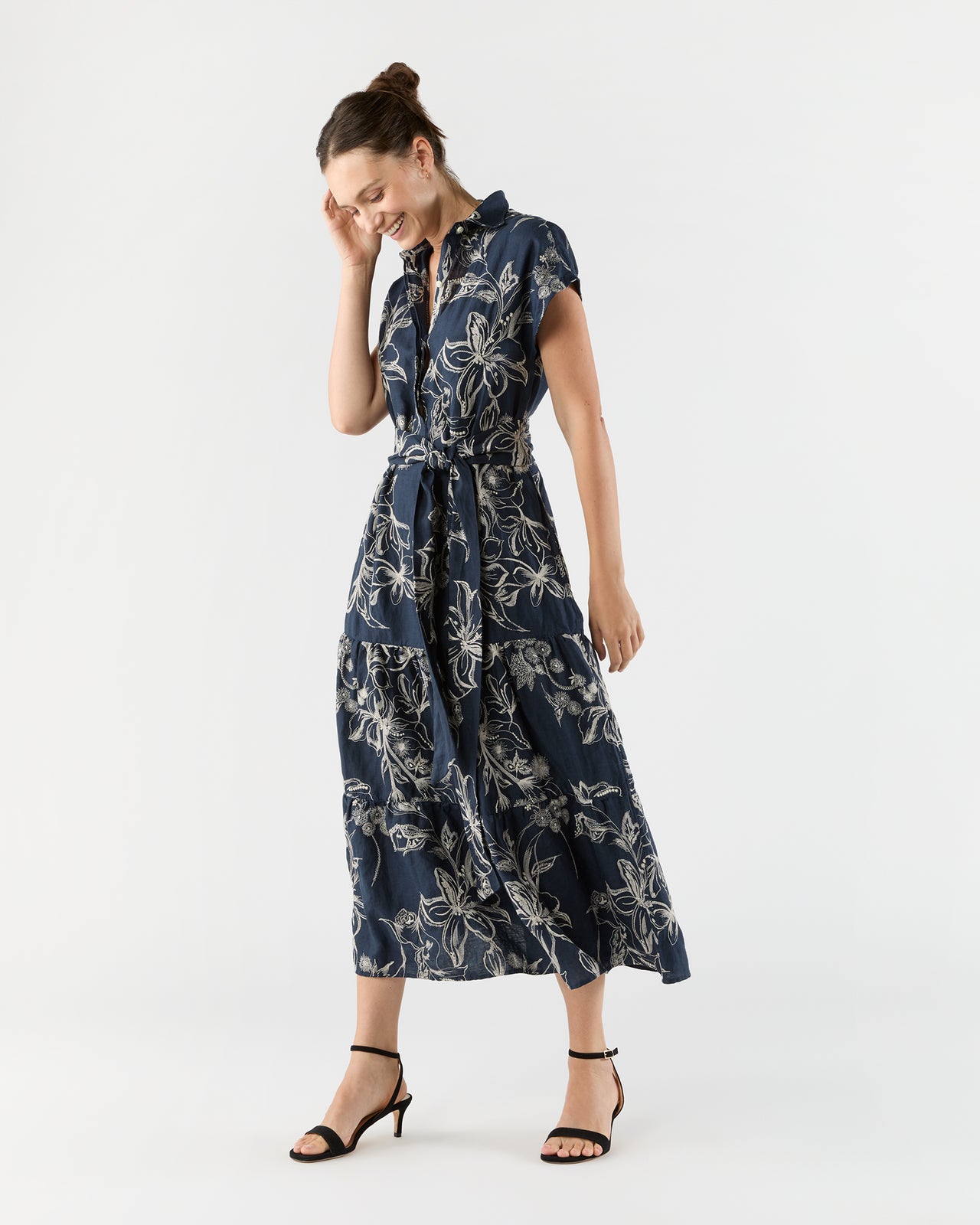 Sophia Popover Dress in Navy/Natural Embroidered Floral Linen
