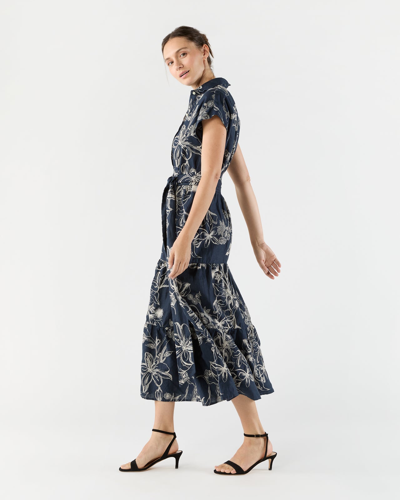 Sophia Popover Dress in Navy/Natural Embroidered Floral Linen