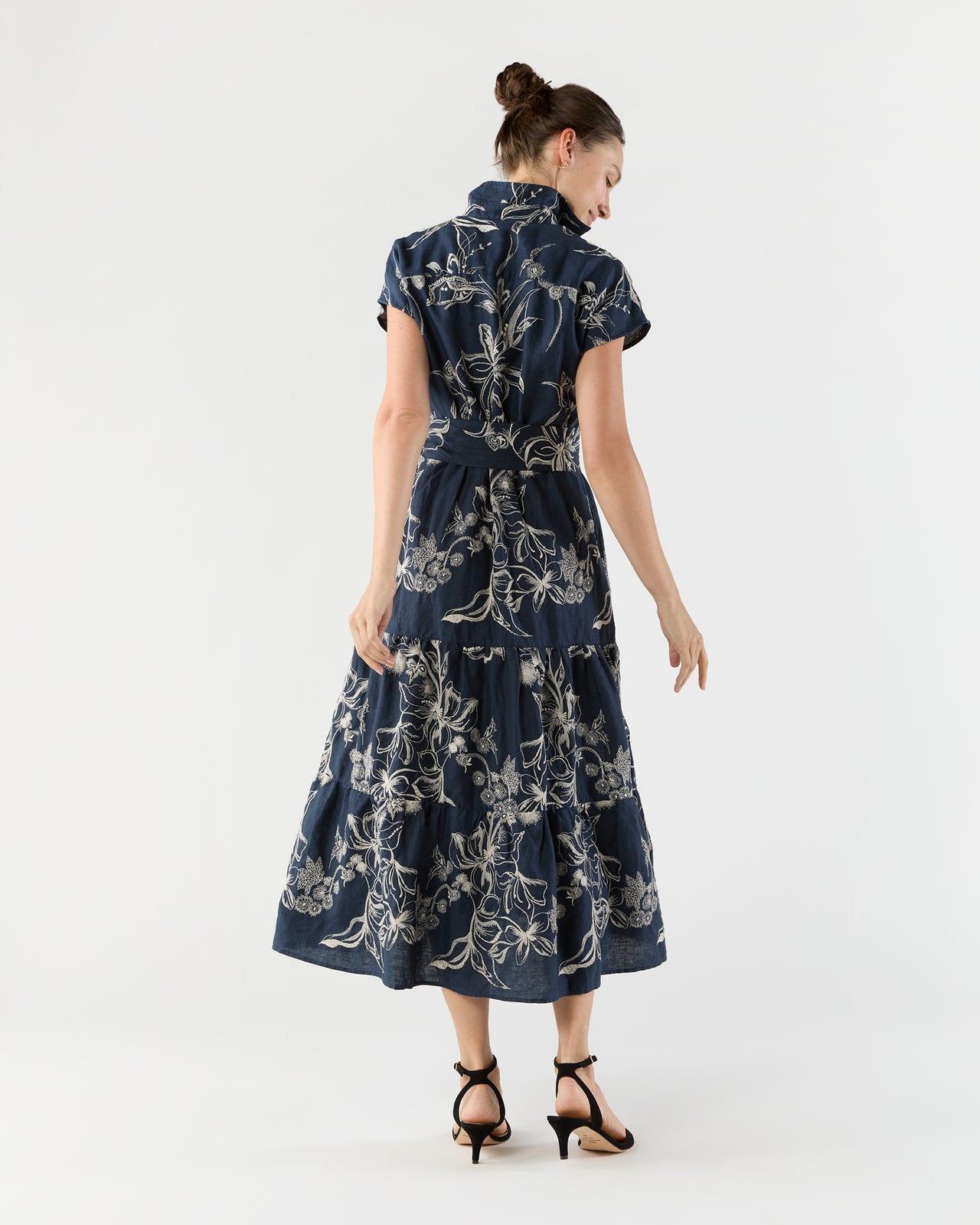 Sophia Popover Dress in Navy/Natural Embroidered Floral Linen
