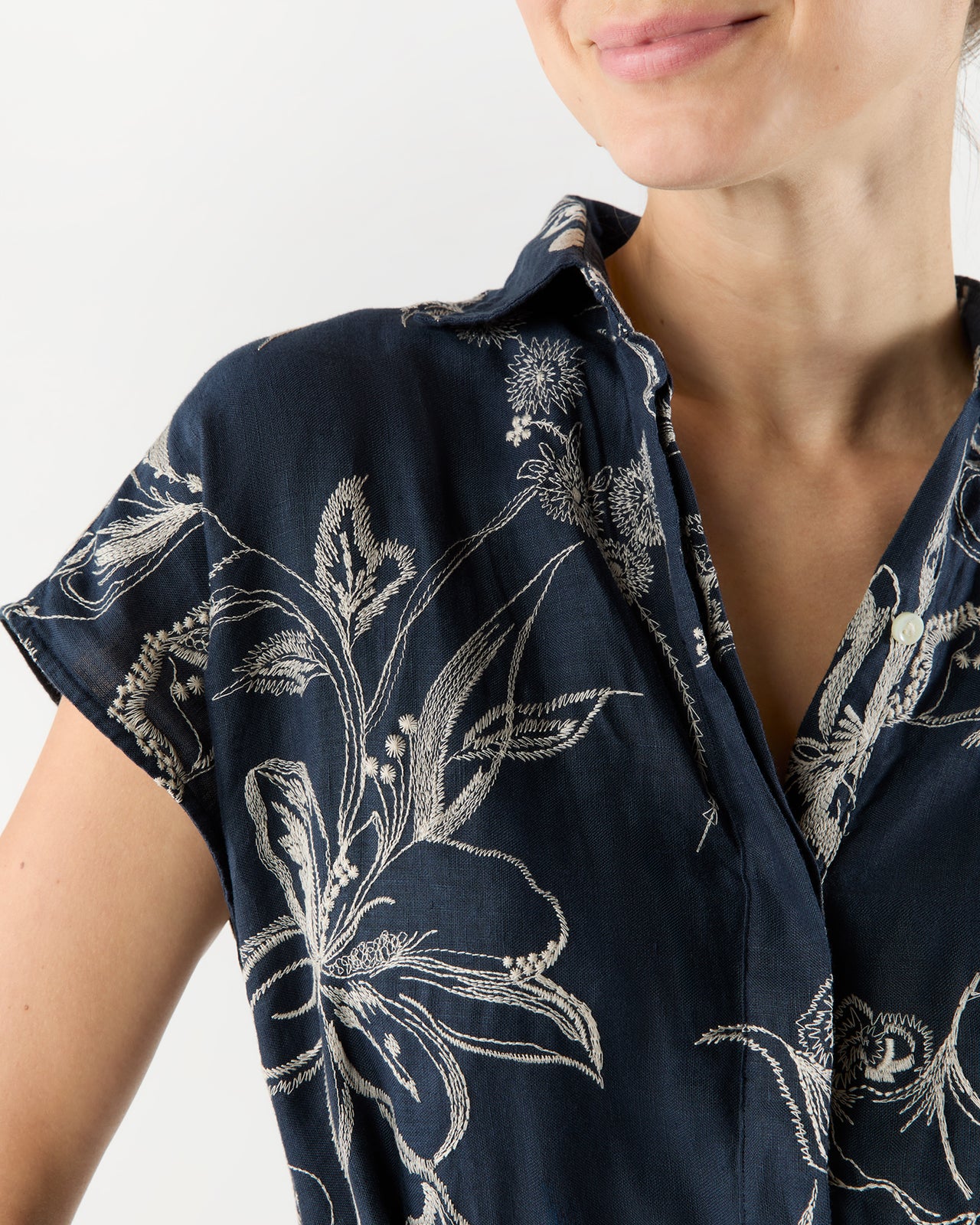 Sophia Popover Dress in Navy/Natural Embroidered Floral Linen