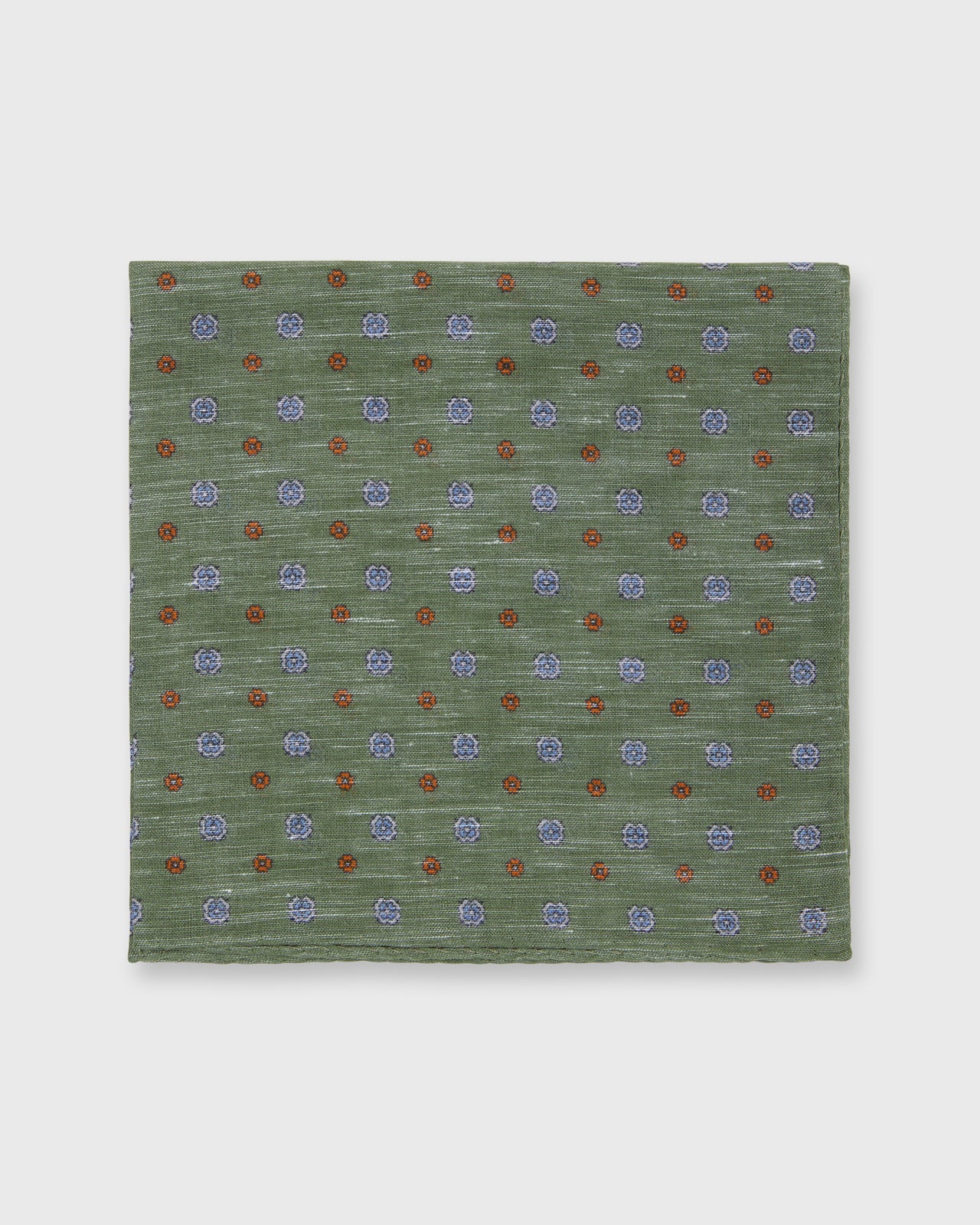 Hand-Rolled Cotolino Print Pocket Square in Olive/Blue/Orange Flower