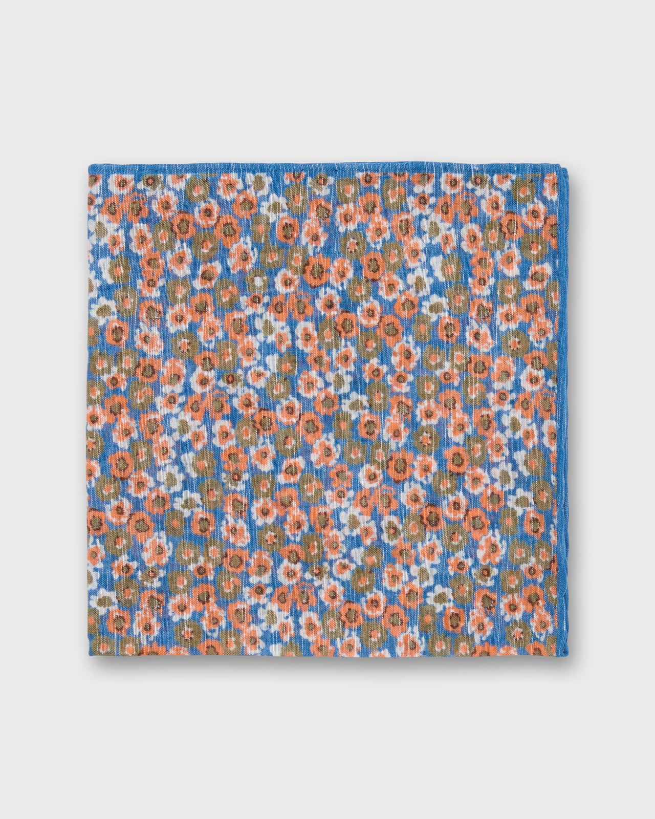 Hand-Rolled Linen/Cotton Print Pocket Square in Orange/Blue/Olive Flora
