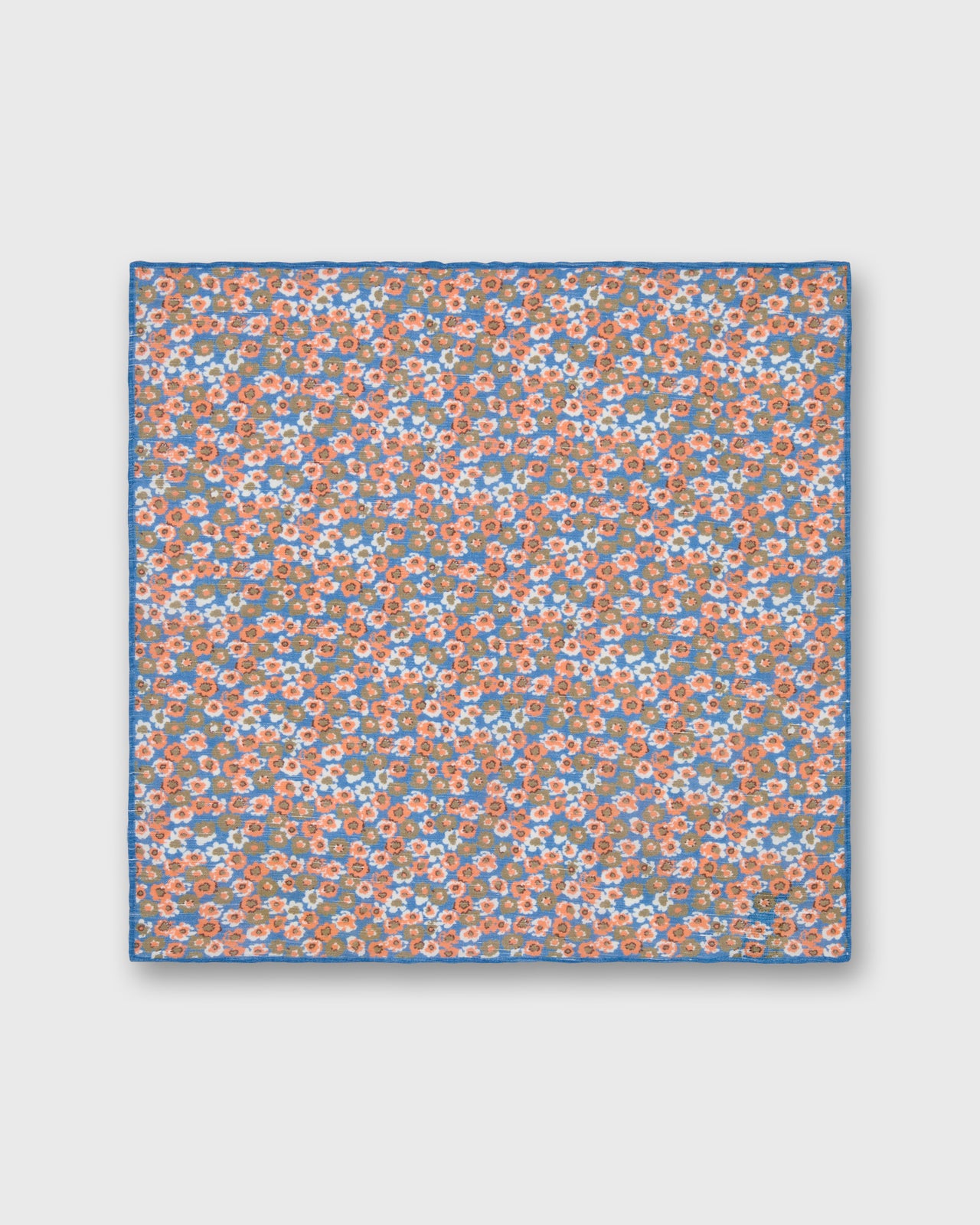 Hand-Rolled Linen/Cotton Print Pocket Square in Orange/Blue/Olive Flora