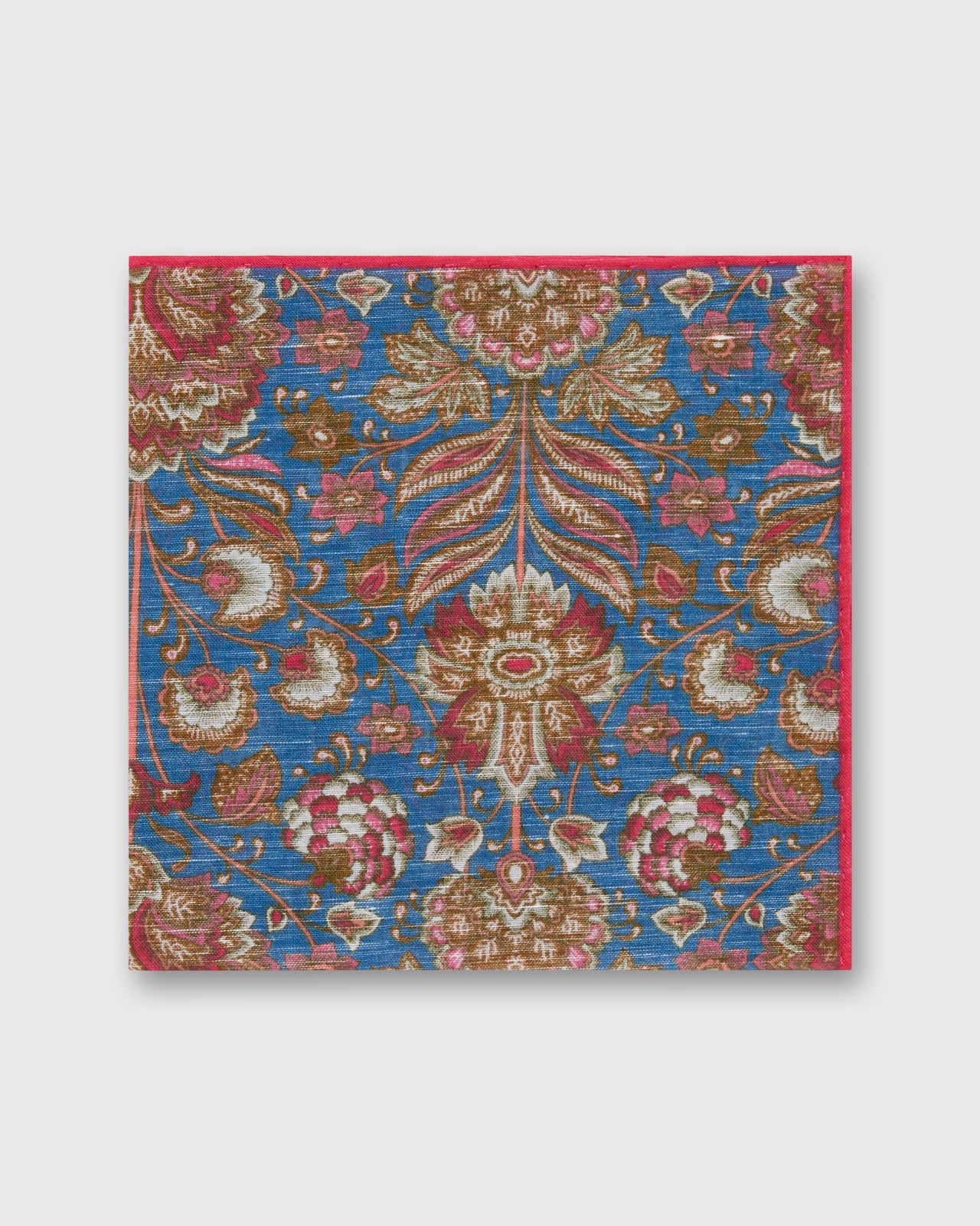 Linen/Cotton Print Pocket Square in Blue/Brown Multi Paisley Scene