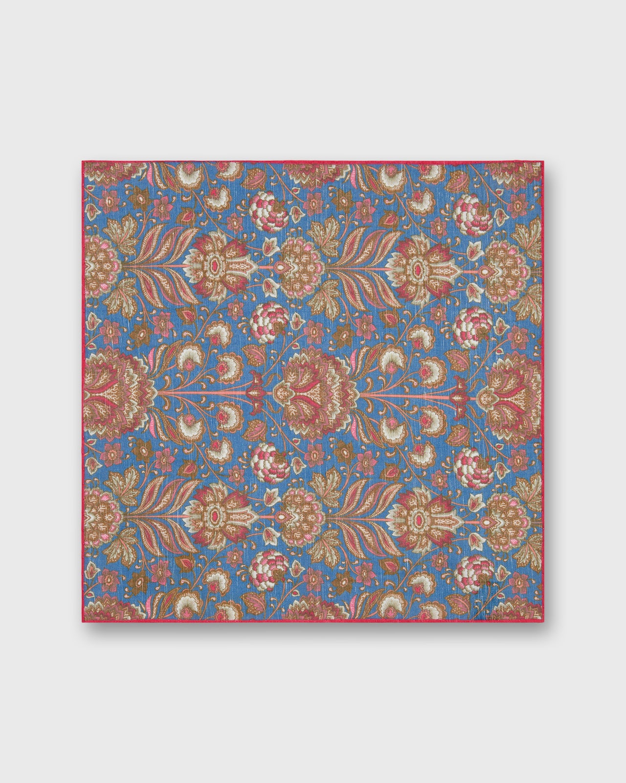 Linen/Cotton Print Pocket Square in Blue/Brown Multi Paisley Scene