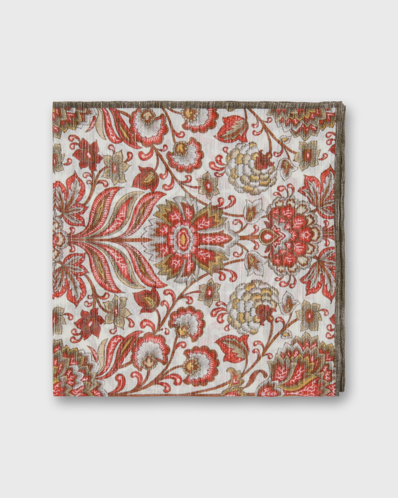 Linen/Cotton Print Pocket Square in Red/Bone Paisley Scene