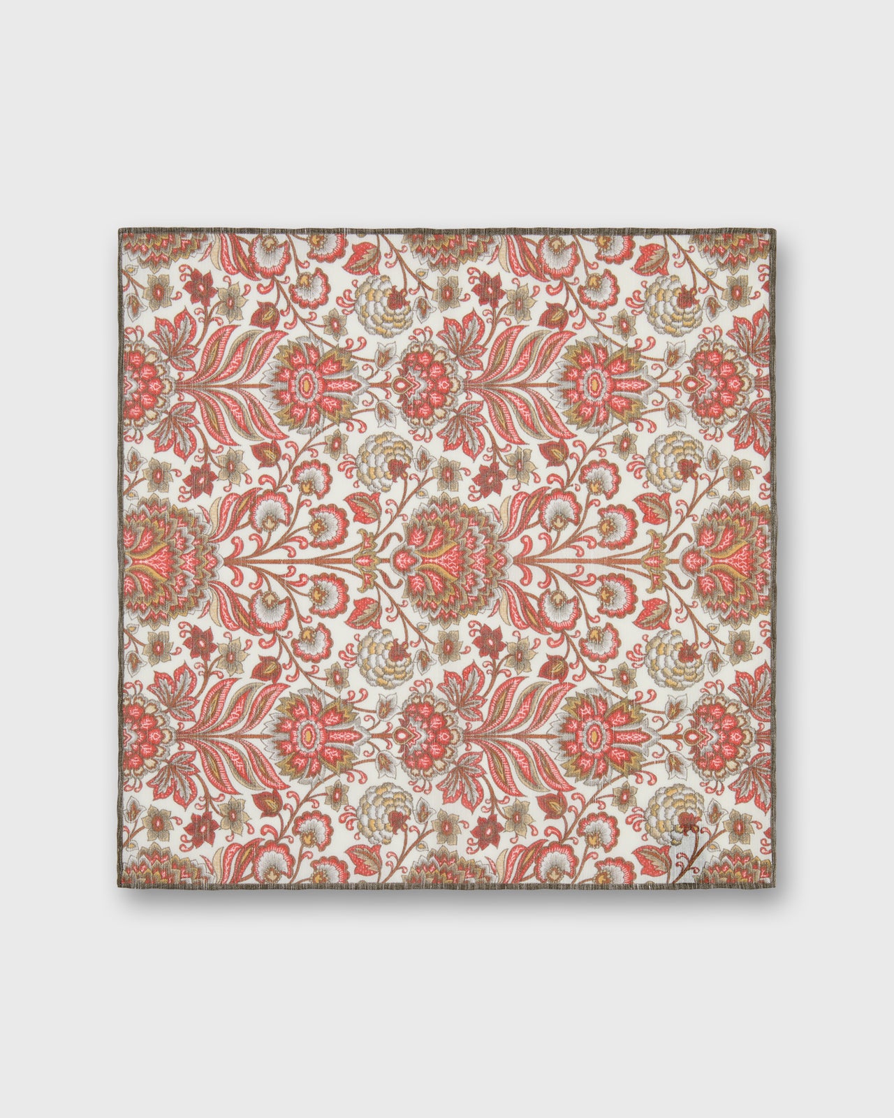 Linen/Cotton Print Pocket Square in Red/Bone Paisley Scene