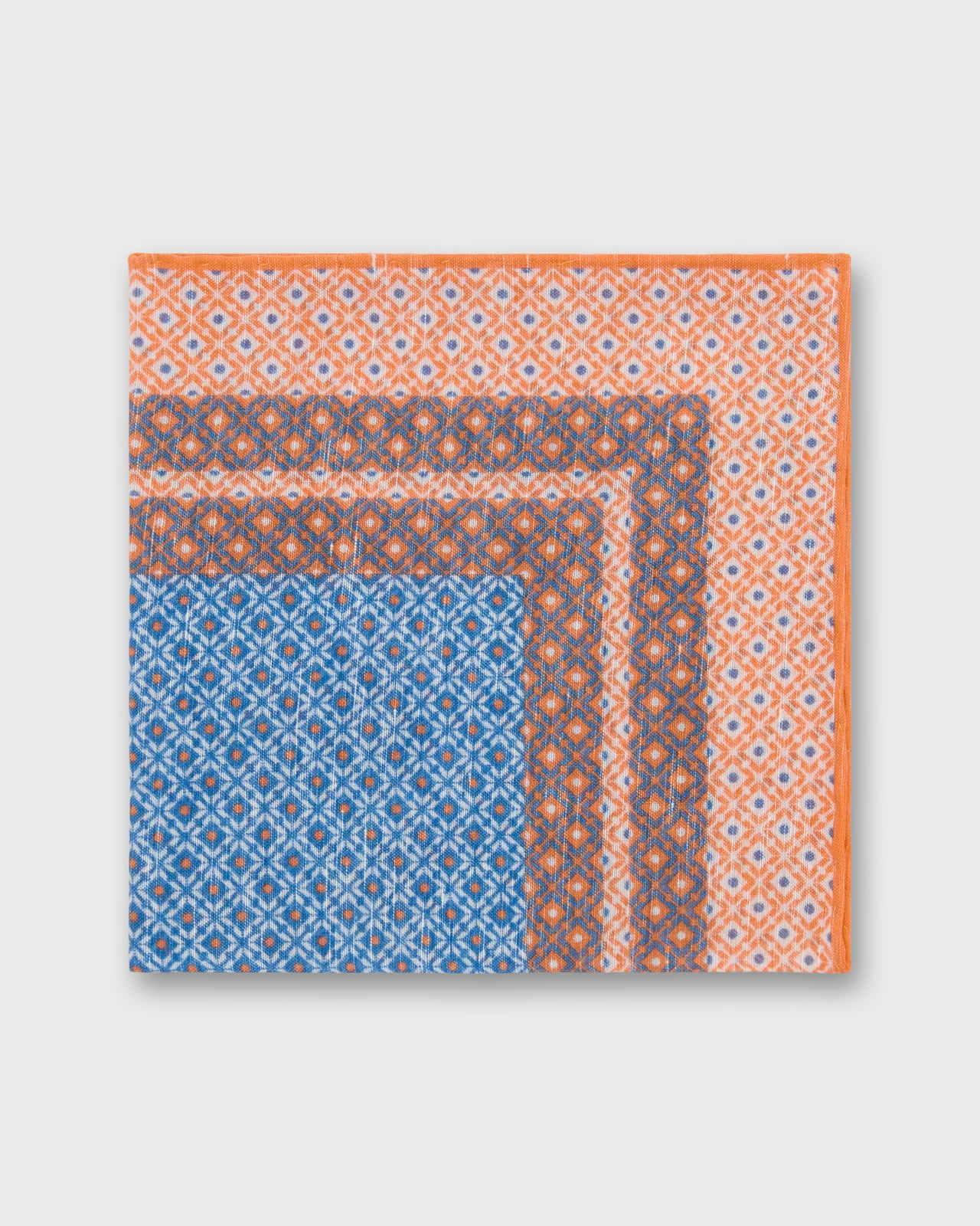 Linen/Cotton Print Pocket Square in Melon/Blue/Bone Mosaic