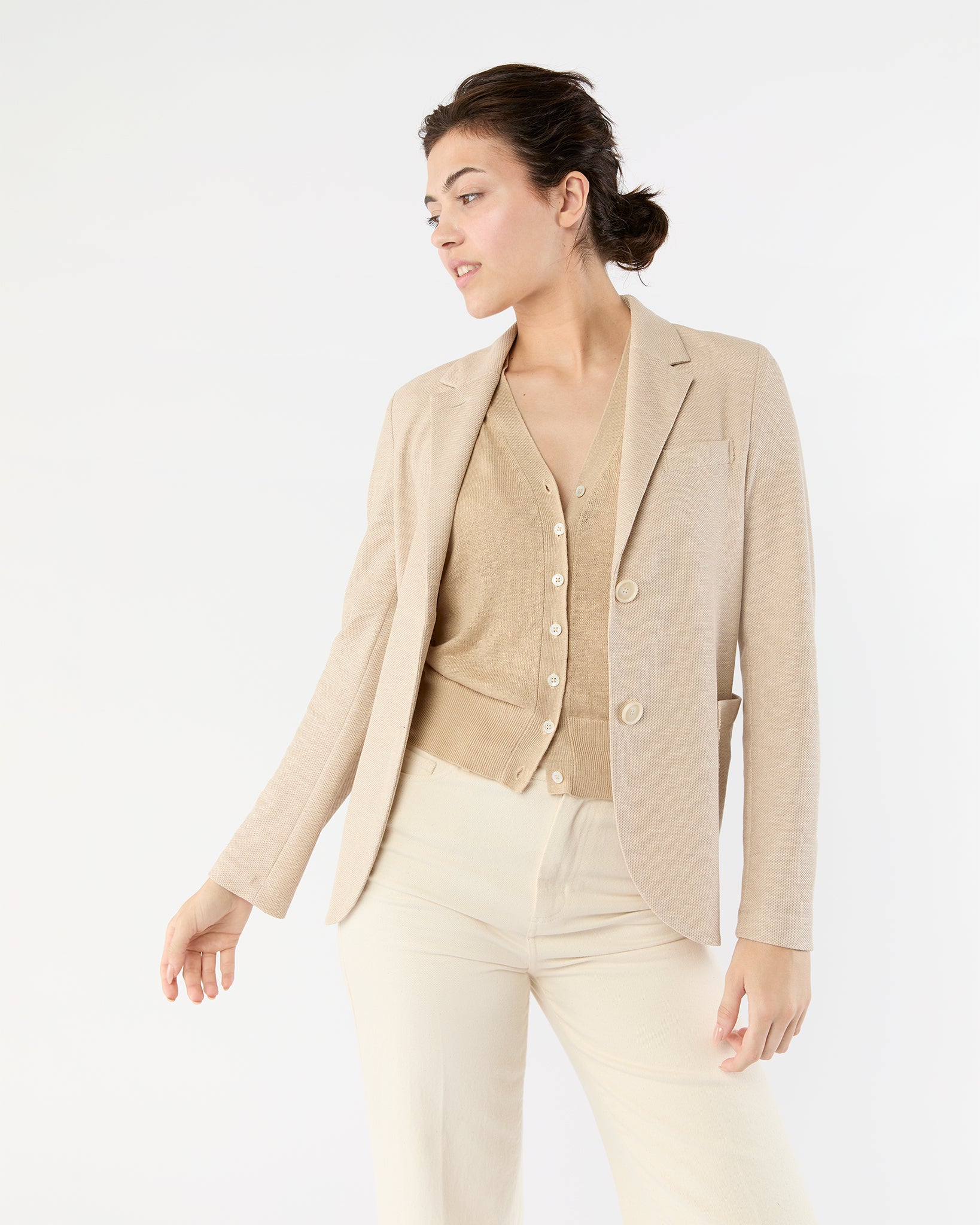 Stand Up Collar Blazer in Cream Cotton