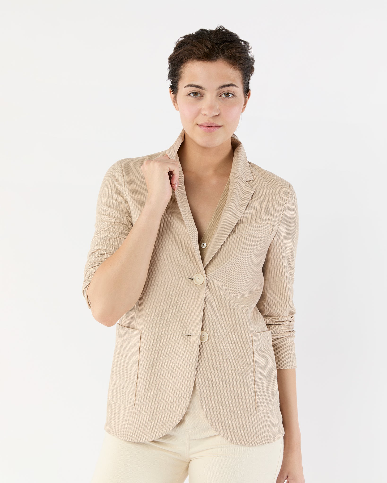 Stand Up Collar Blazer in Cream Cotton