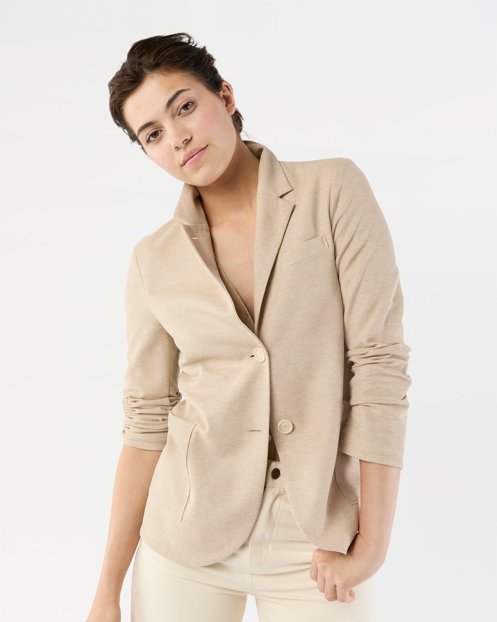 Stand Up Collar Blazer in Cream Cotton