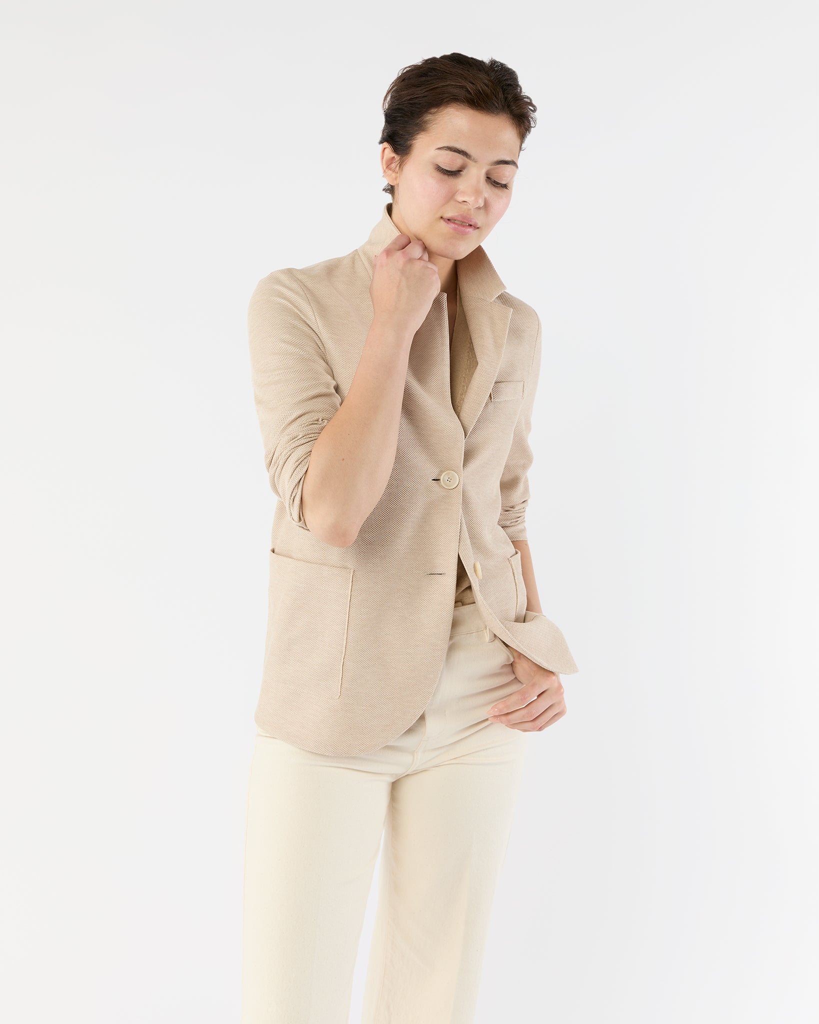 Stand Up Collar Blazer in Cream Cotton