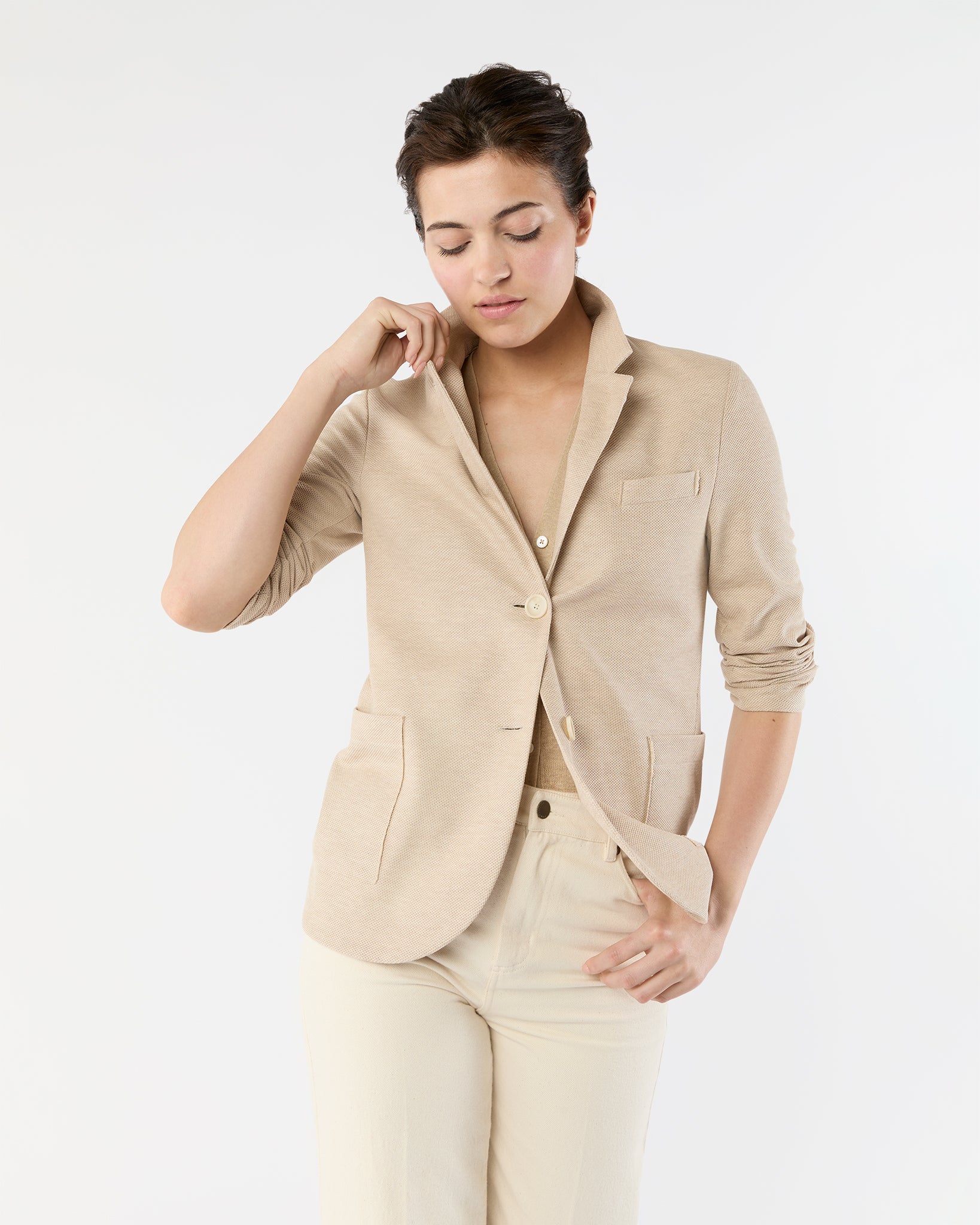 Stand Up Collar Blazer in Cream Cotton