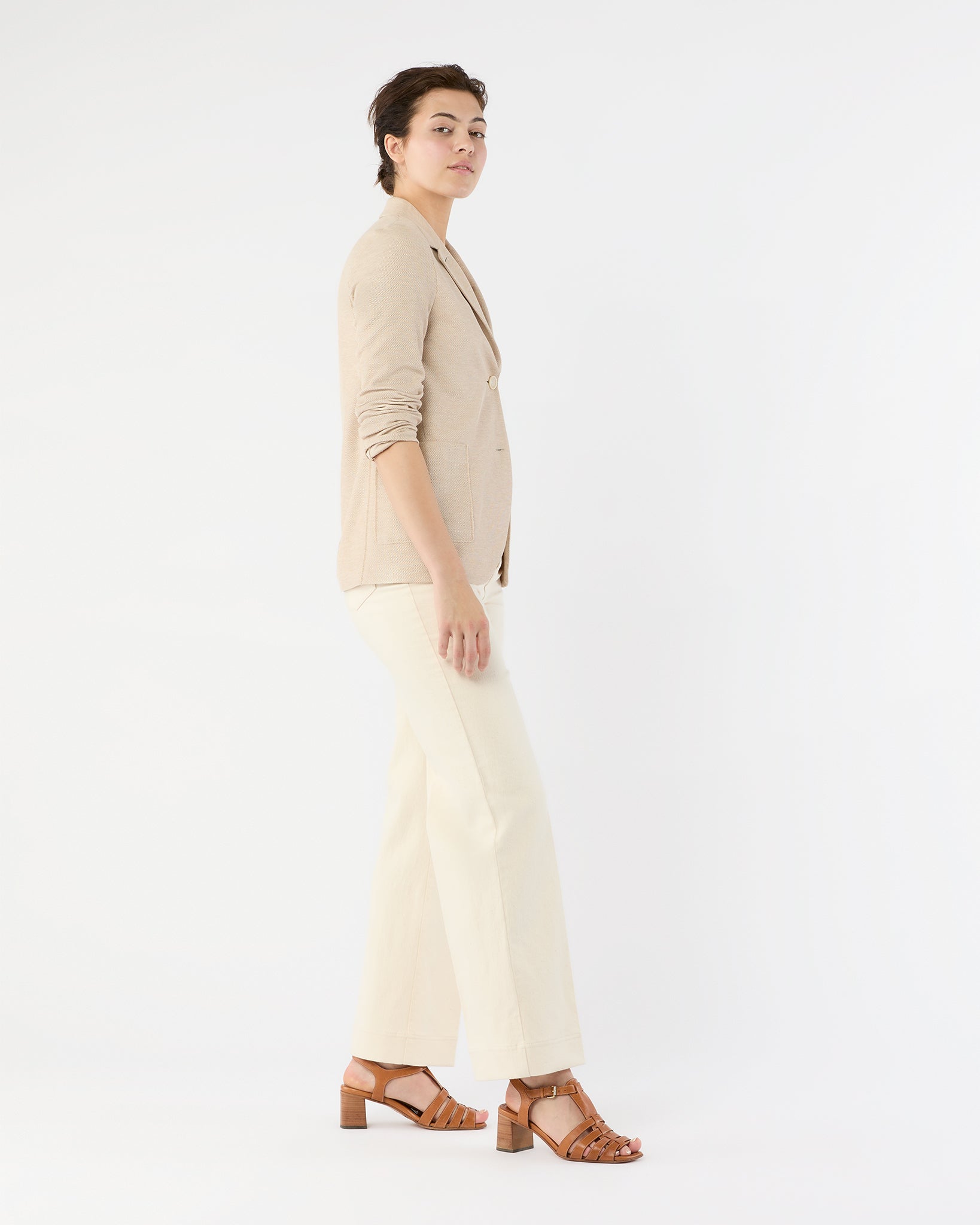Stand Up Collar Blazer in Cream Cotton
