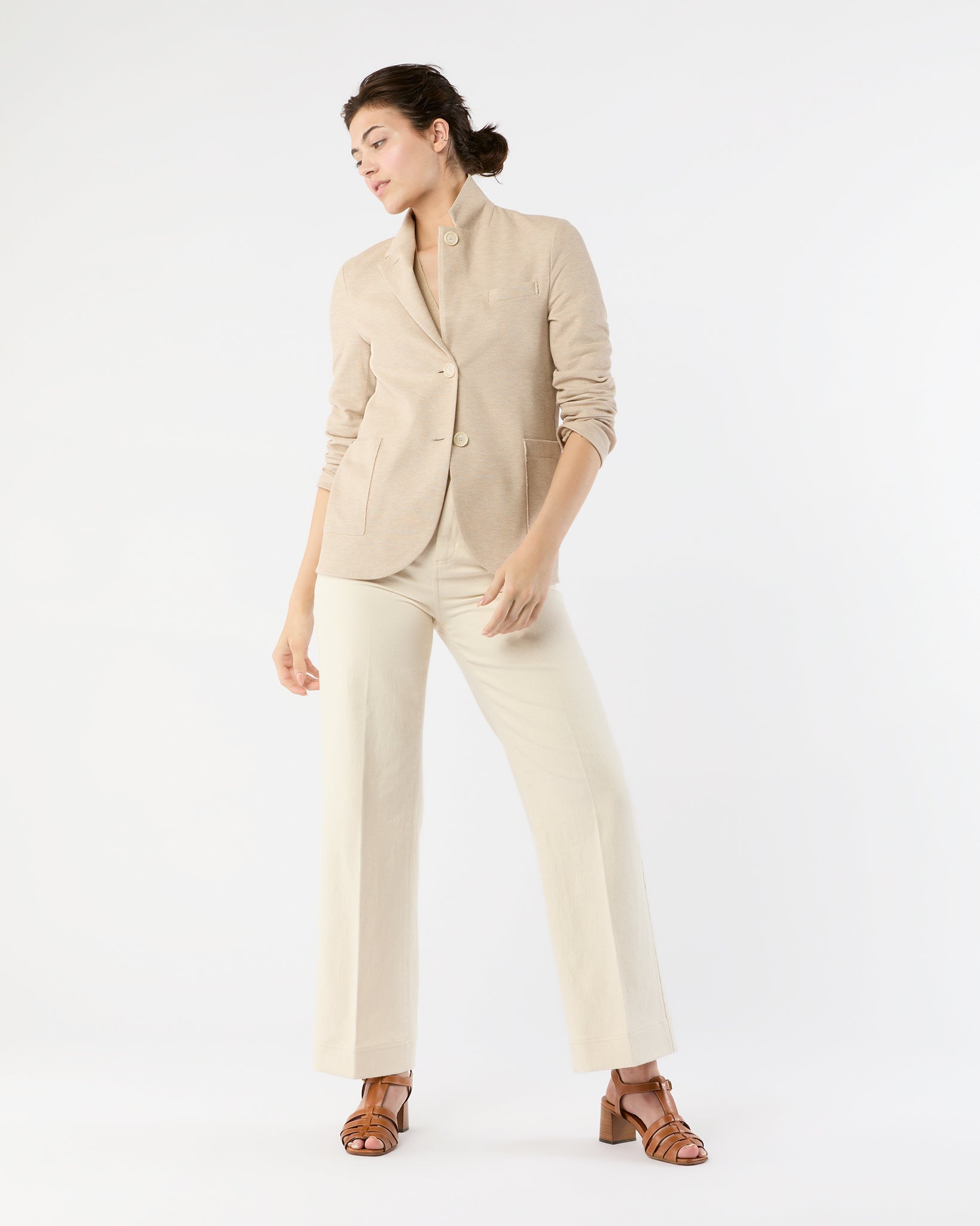 Stand Up Collar Blazer in Cream Cotton