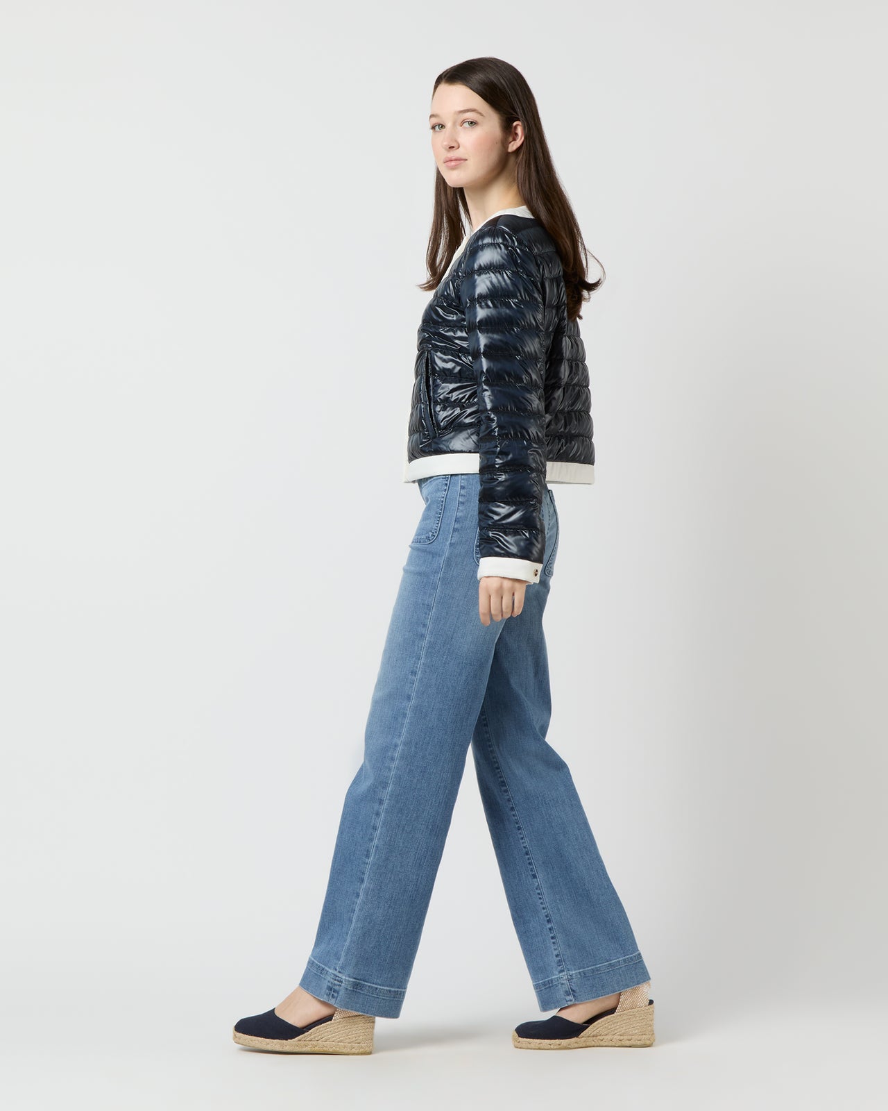 Short Jacket with Matte Trim in Navy